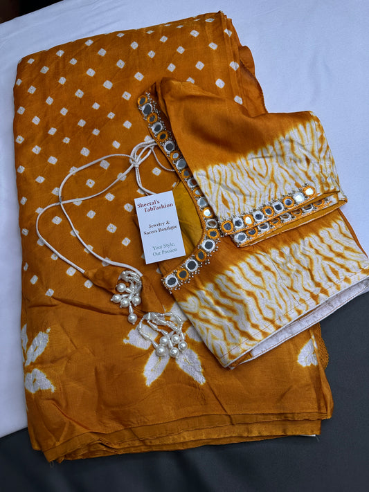 Shibori Bandhani Bhandej Mustard Silk Saree - 