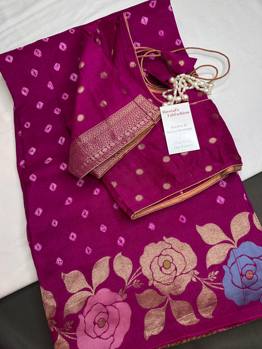 Bandhani Bhandej Pink Gaji Silk Saree - 