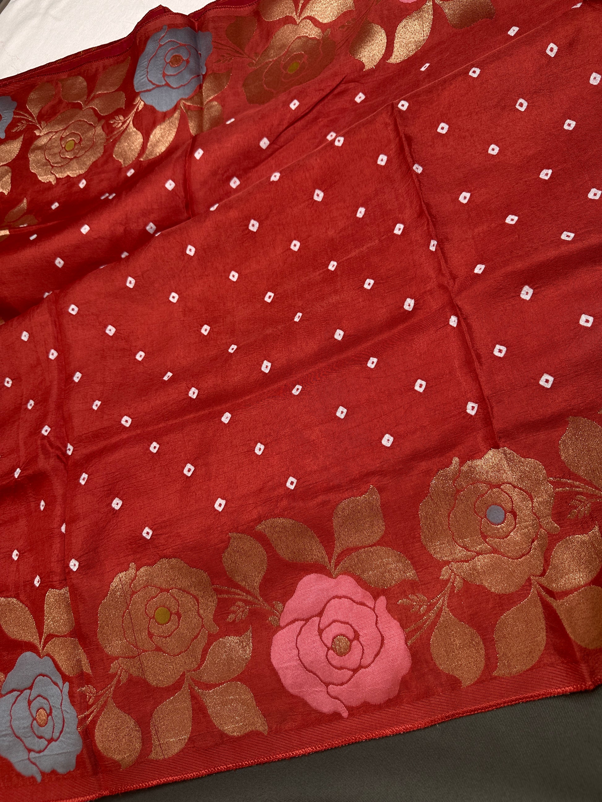 Bandhani Bhandej Rust Gaji Silk Saree - 