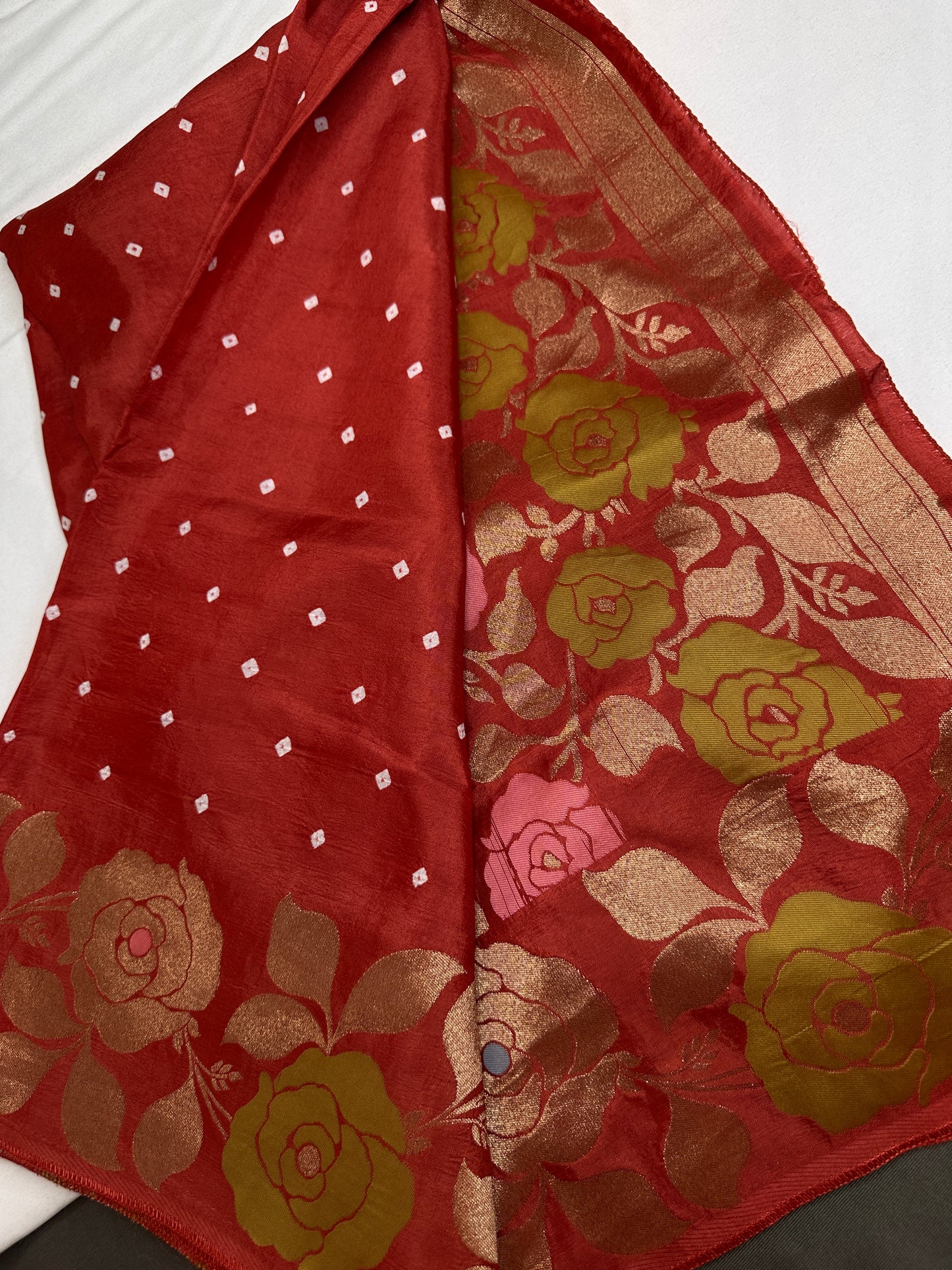 Bandhani Bhandej Rust Gaji Silk Saree - 