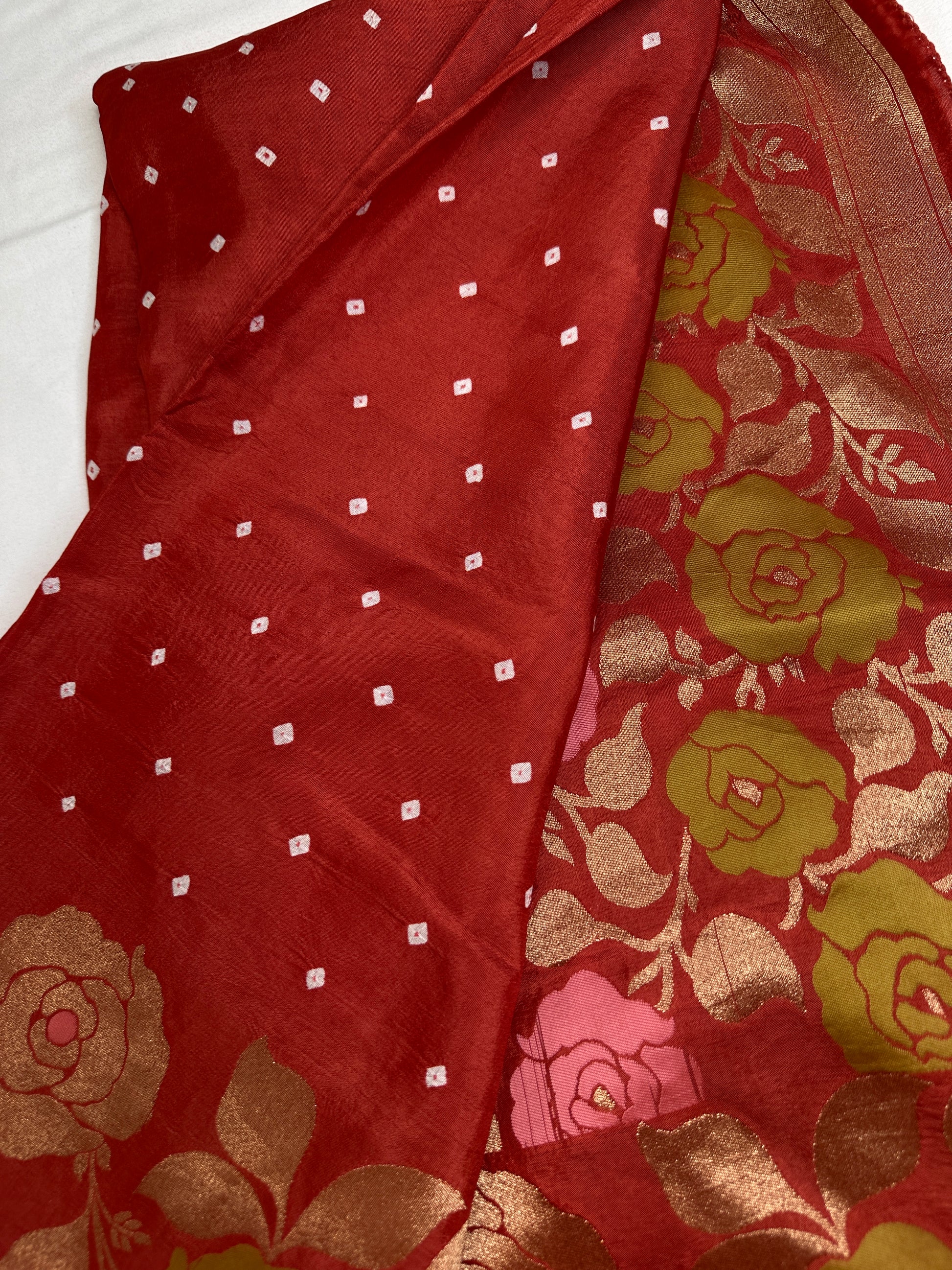 Bandhani Bhandej Rust Gaji Silk Saree - 