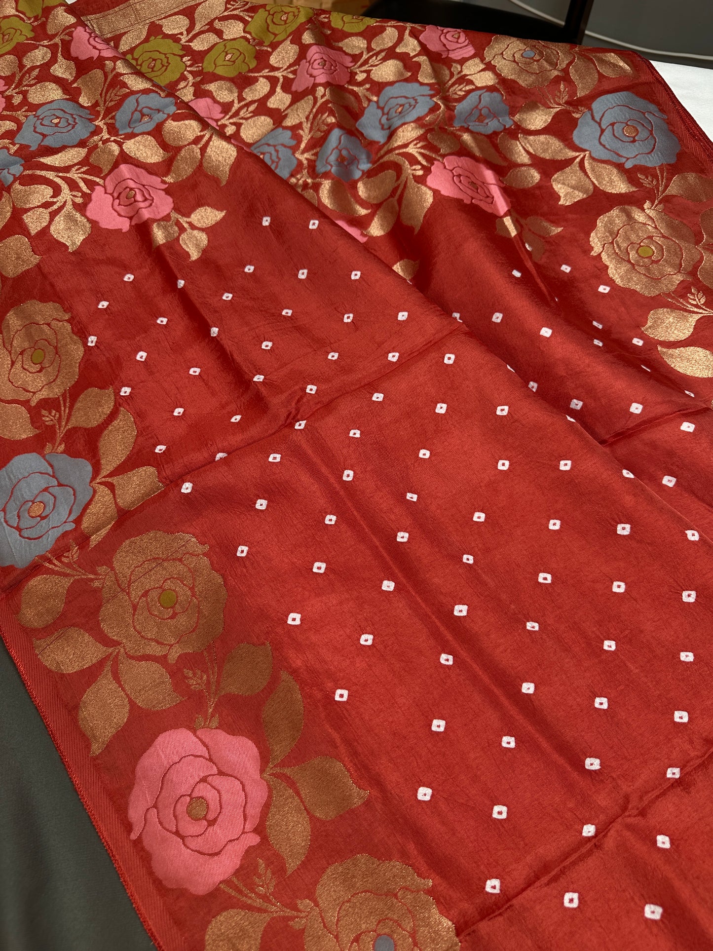 Bandhani Bhandej Rust Gaji Silk Saree - 