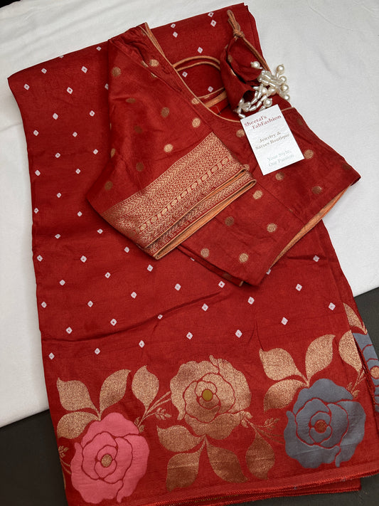 Bandhani Bhandej Rust Gaji Silk Saree - 
