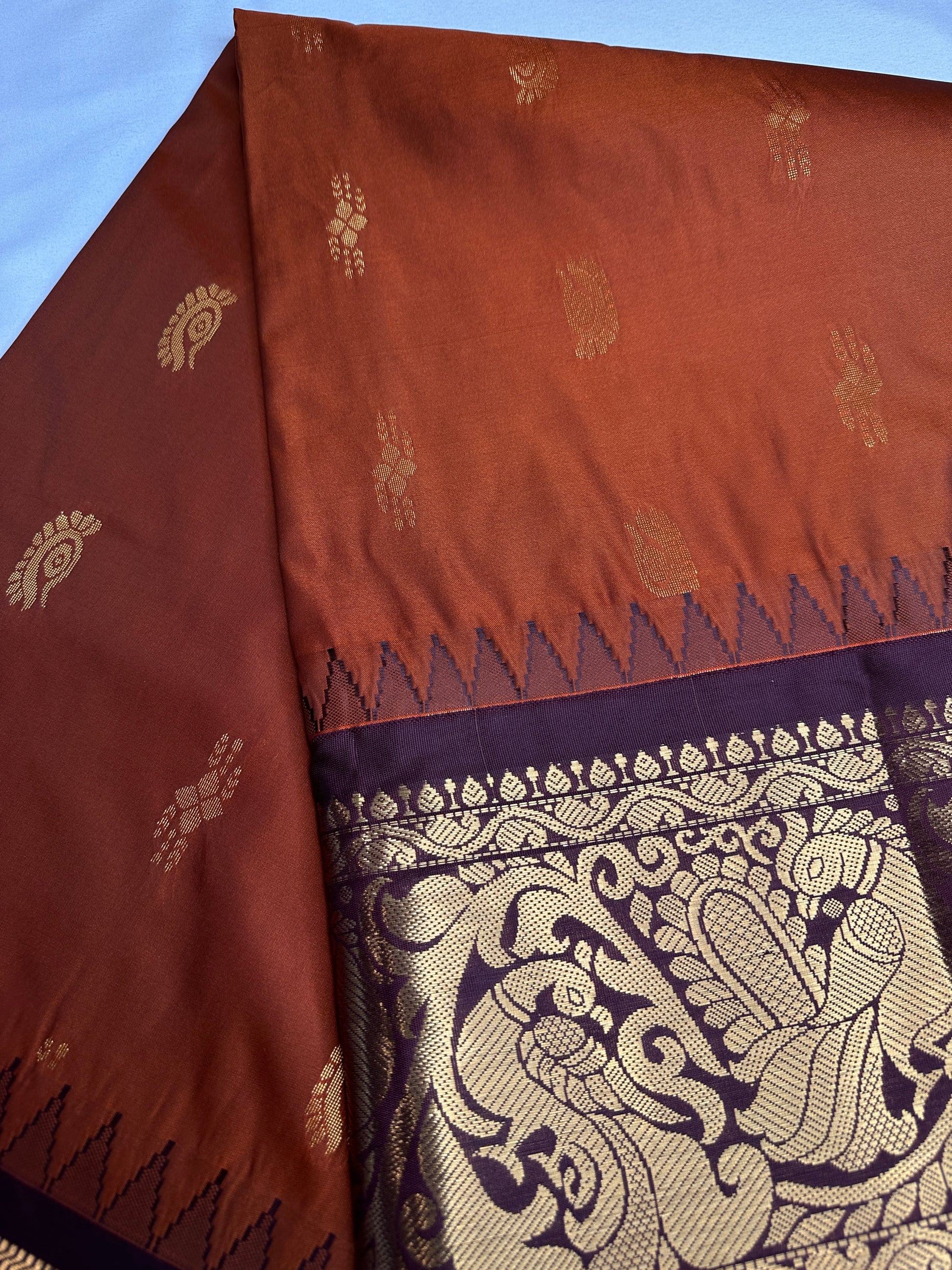 Semi Gadwal Rust Brown Pattu Silk Saree - 