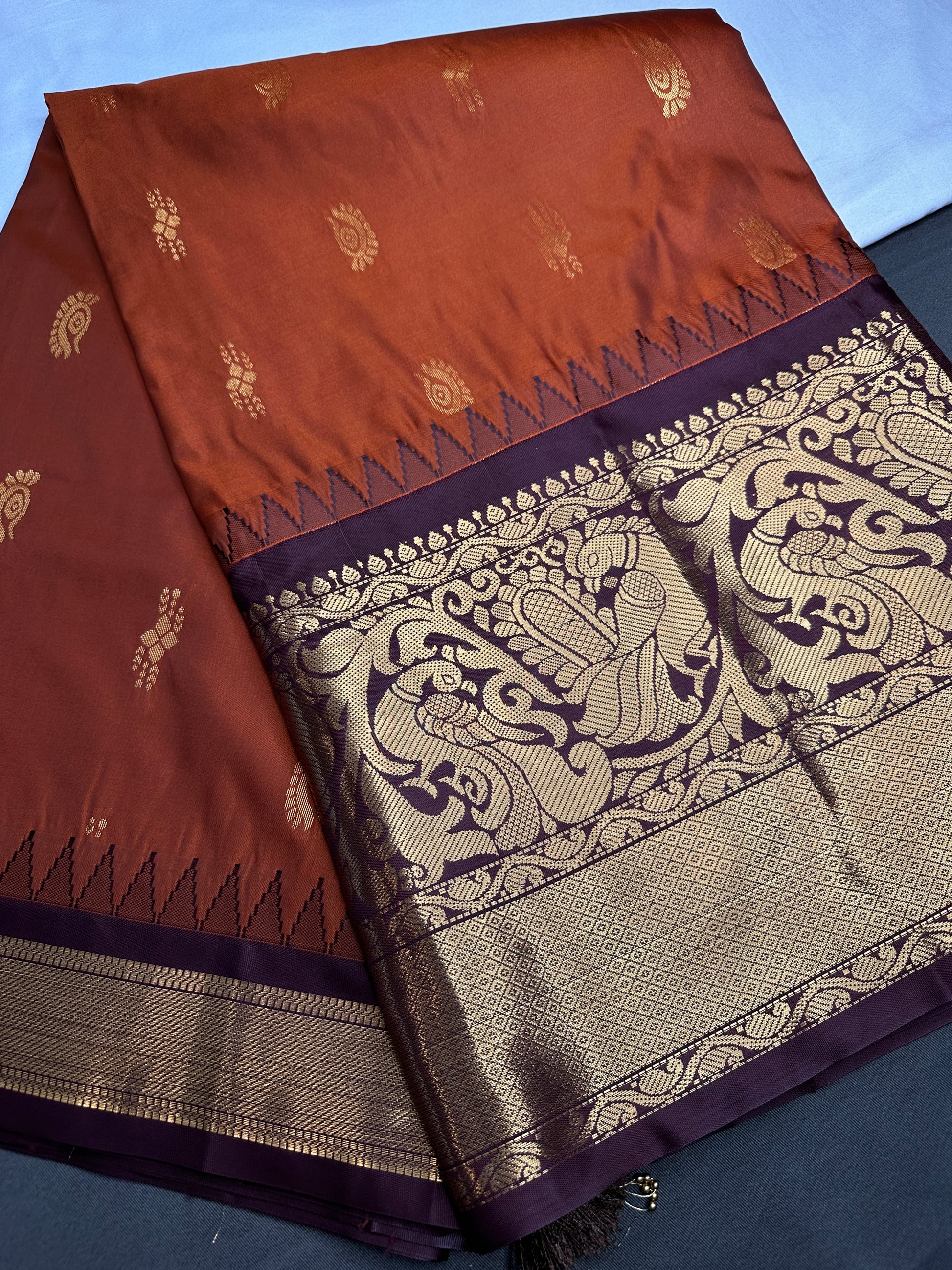 Semi Gadwal Rust Brown Pattu Silk Saree - 