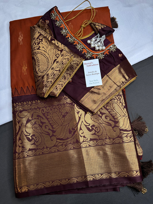 Semi Gadwal Rust Brown Pattu Silk Saree - 