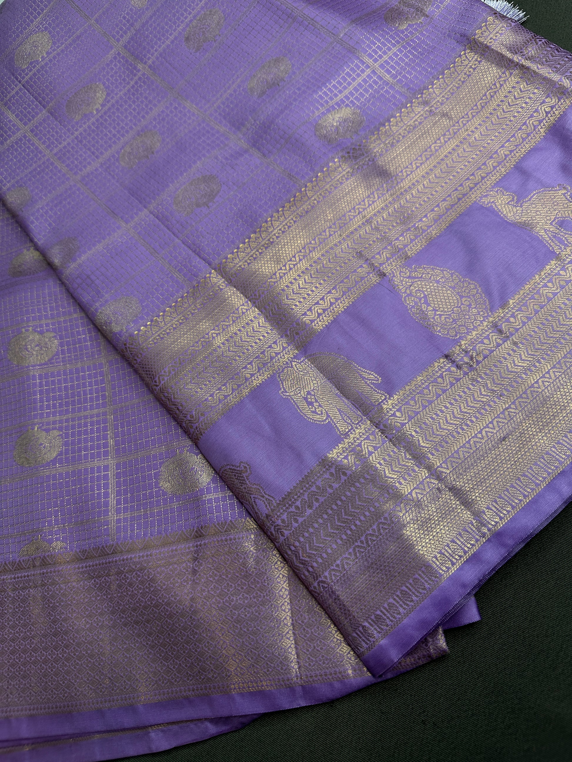Kanch Light Weight Semi Silk Lavender Purple Checked Saree - 