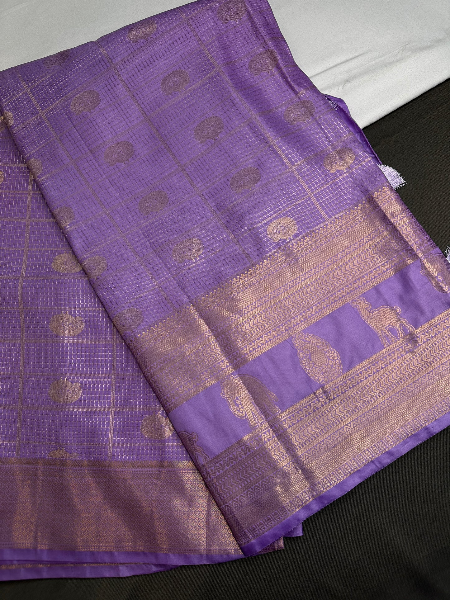 Kanch Light Weight Semi Silk Lavender Purple Checked Saree - 