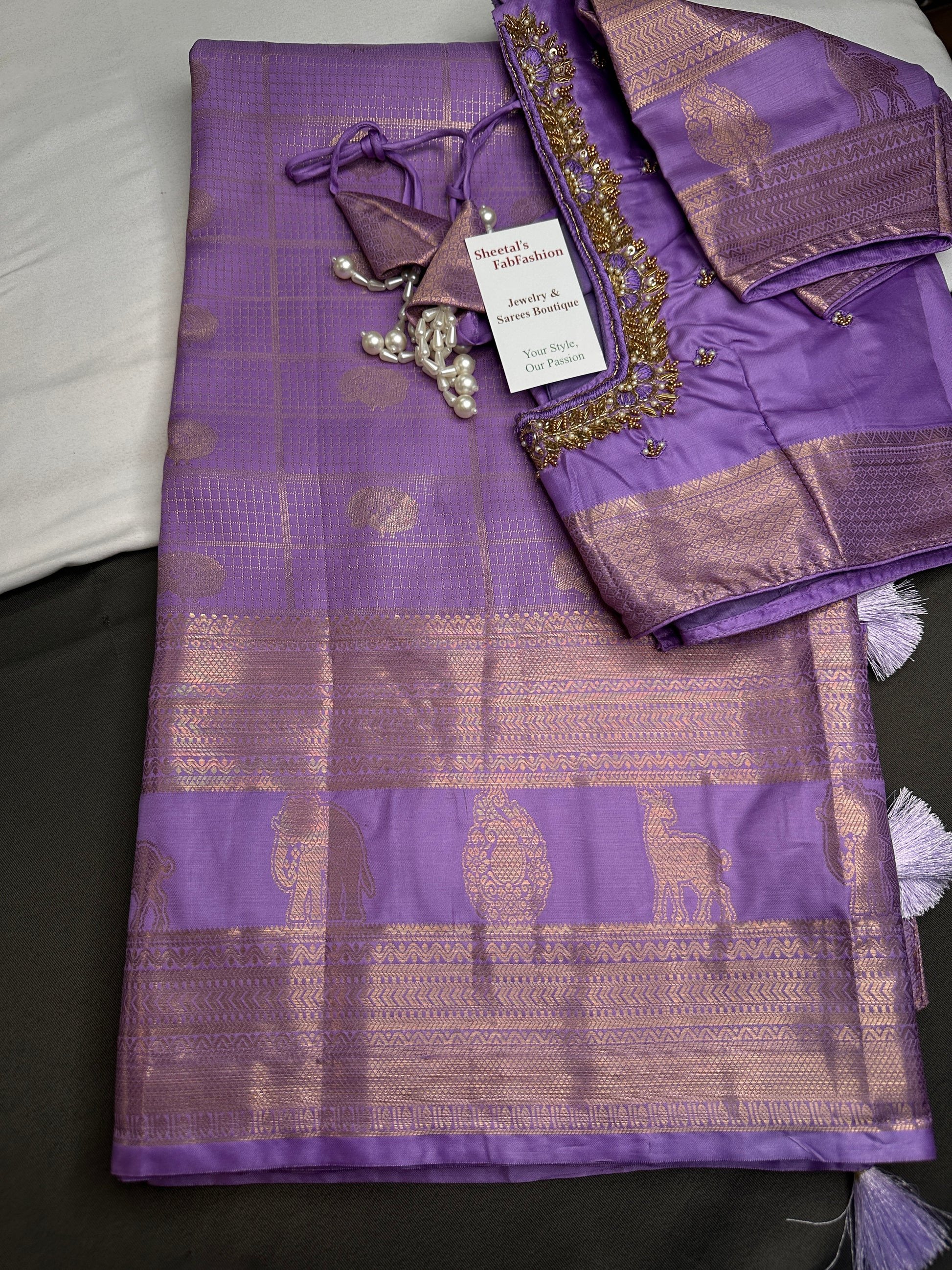 Kanch Light Weight Semi Silk Lavender Purple Checked Saree - 