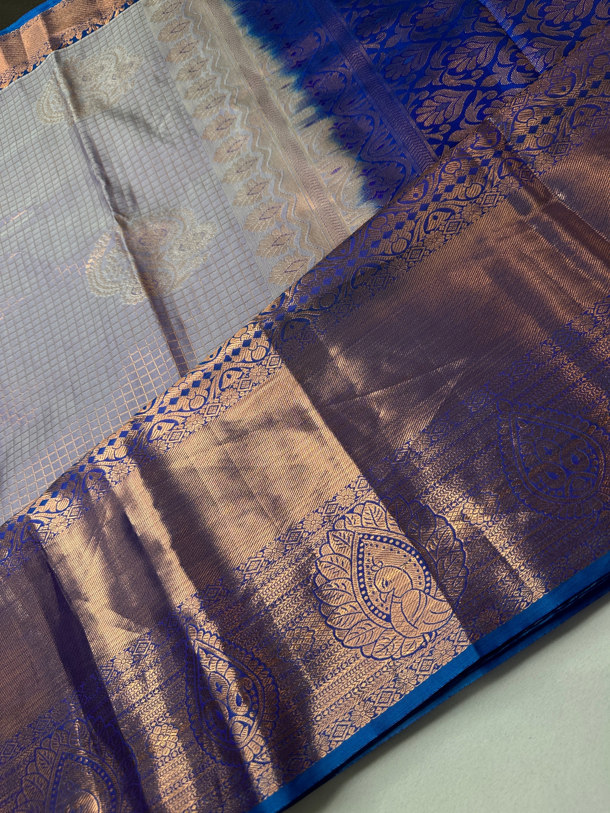 Kanch Light Weight Semi Silk Blue Checked Saree - 
