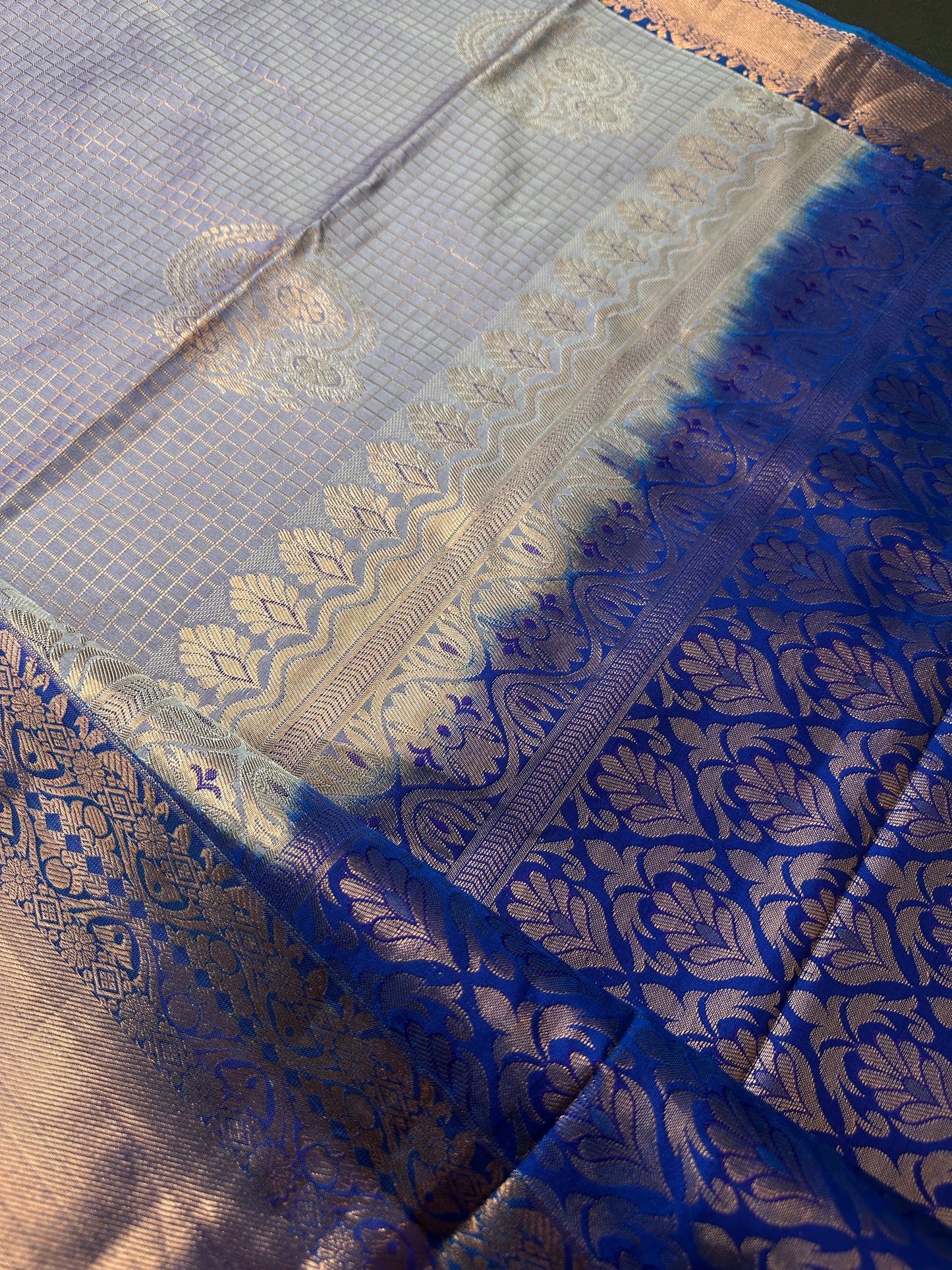 Kanch Light Weight Semi Silk Blue Checked Saree - 