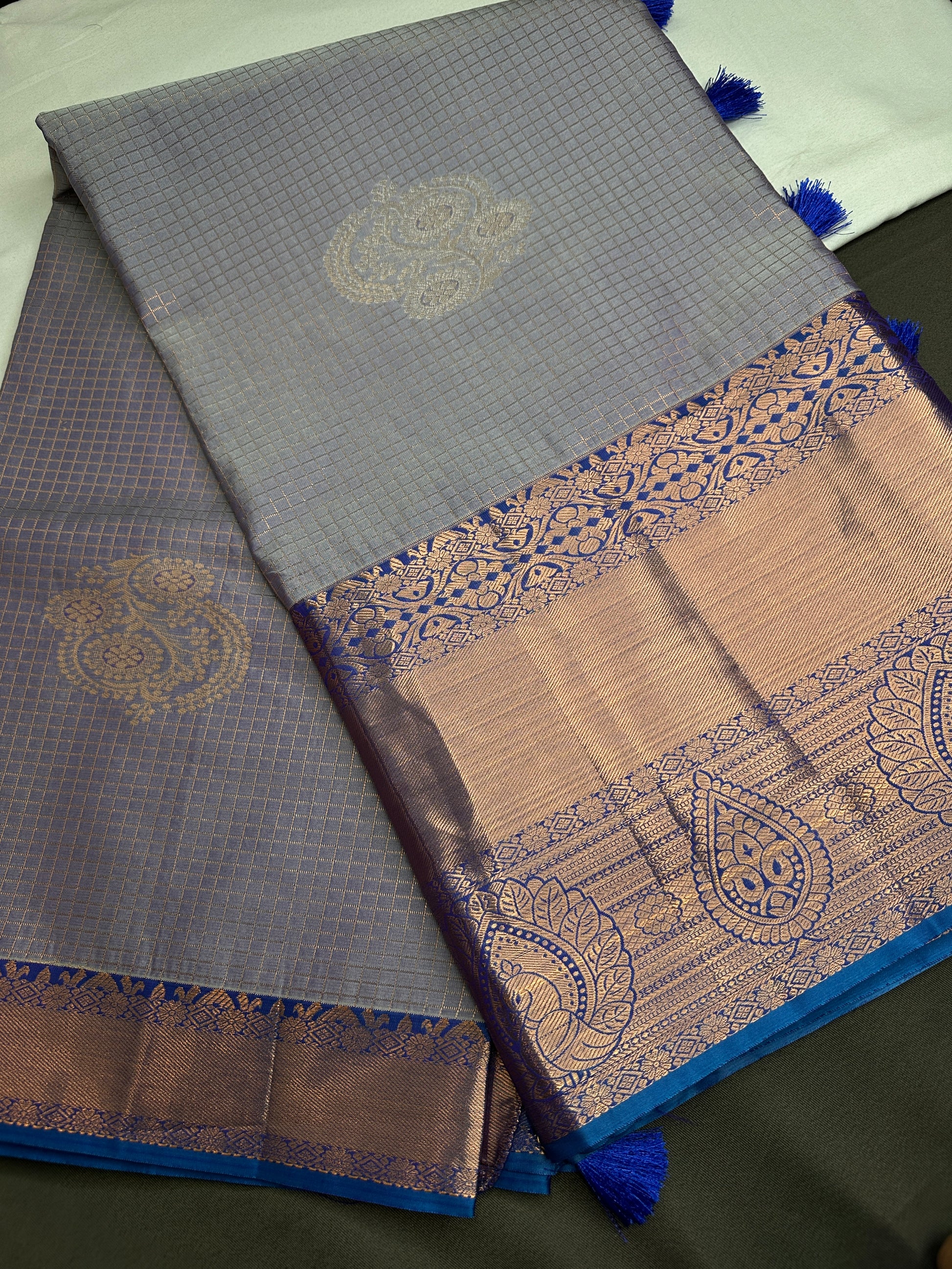 Kanch Light Weight Semi Silk Blue Checked Saree - 