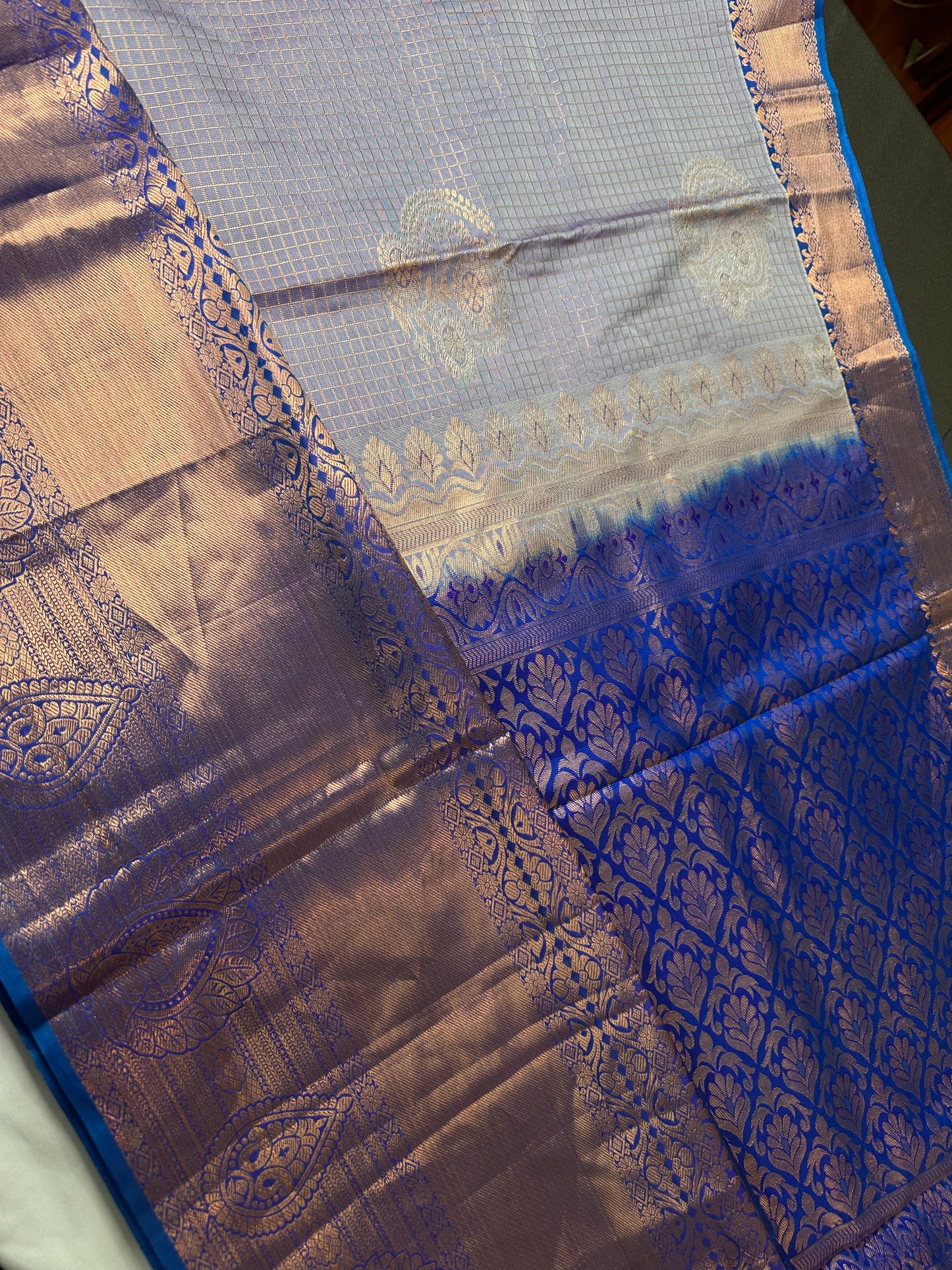 Kanch Light Weight Semi Silk Blue Checked Saree - 