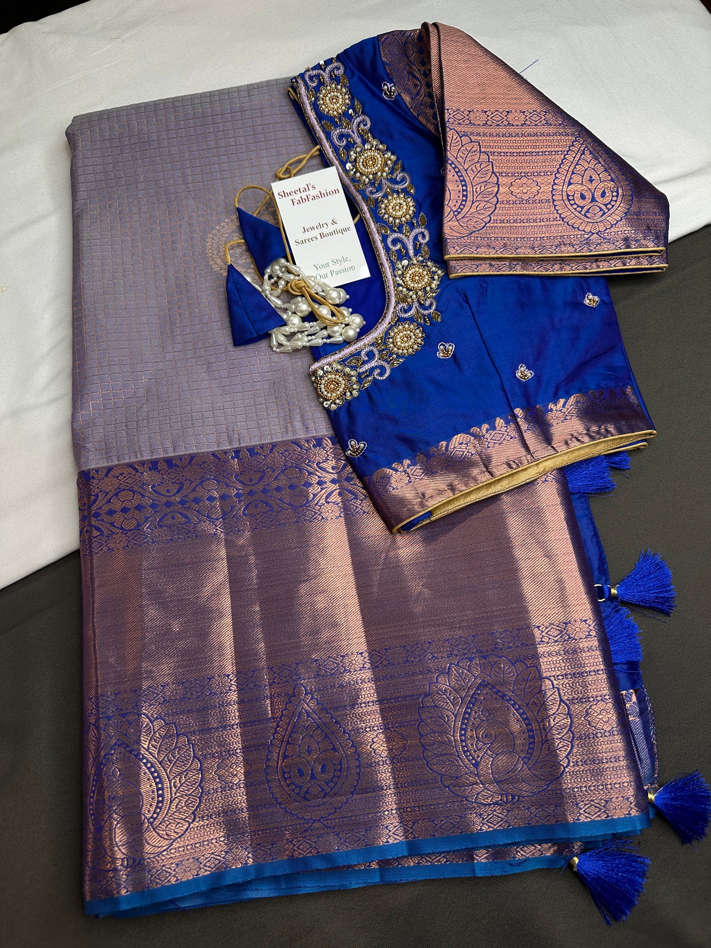 Kanch Light Weight Semi Silk Blue Checked Saree - 