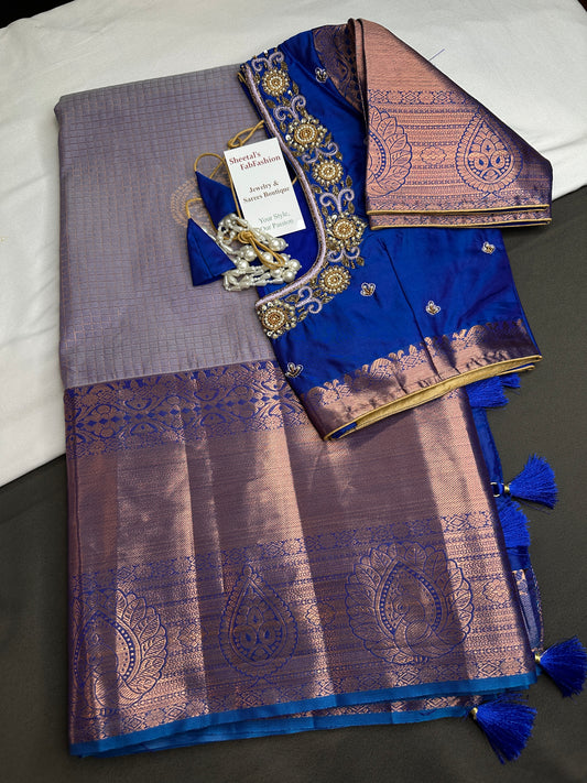 Kanch Light Weight Semi Silk Blue Checked Saree - 