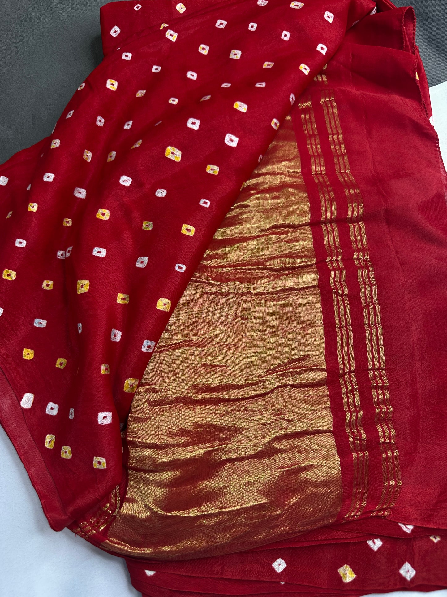 Bandhani Bhandej Red Gaji Silk Saree - 
