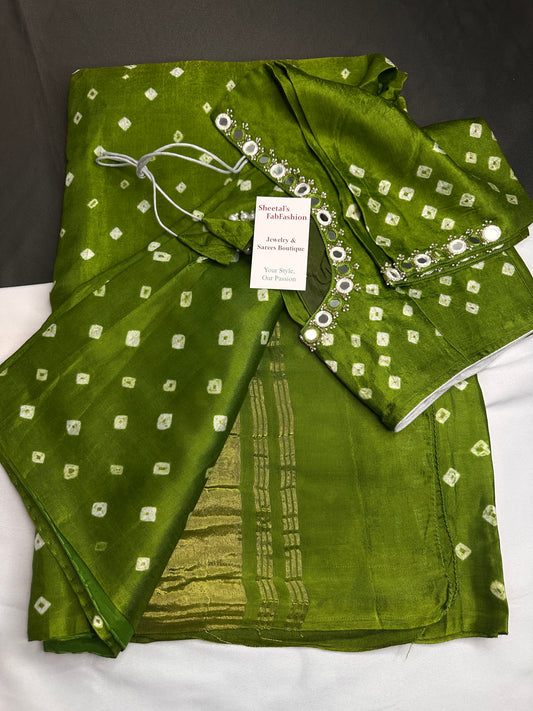 Bandhani Bhandej Green Modal Silk Saree - 