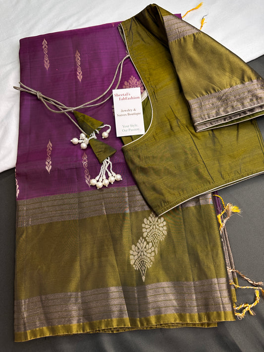 Purple Green Light Weight Kanchi Soft Silk  Saree - 