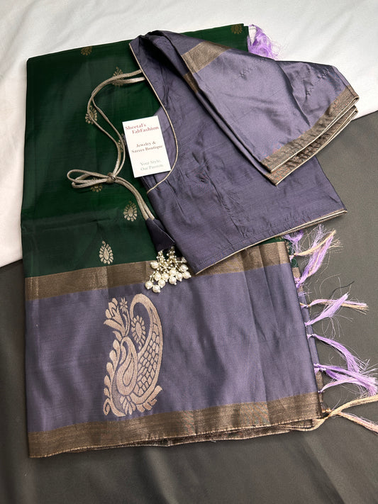 Green Grey Light Weight Kanchi Soft Silk  Saree - 