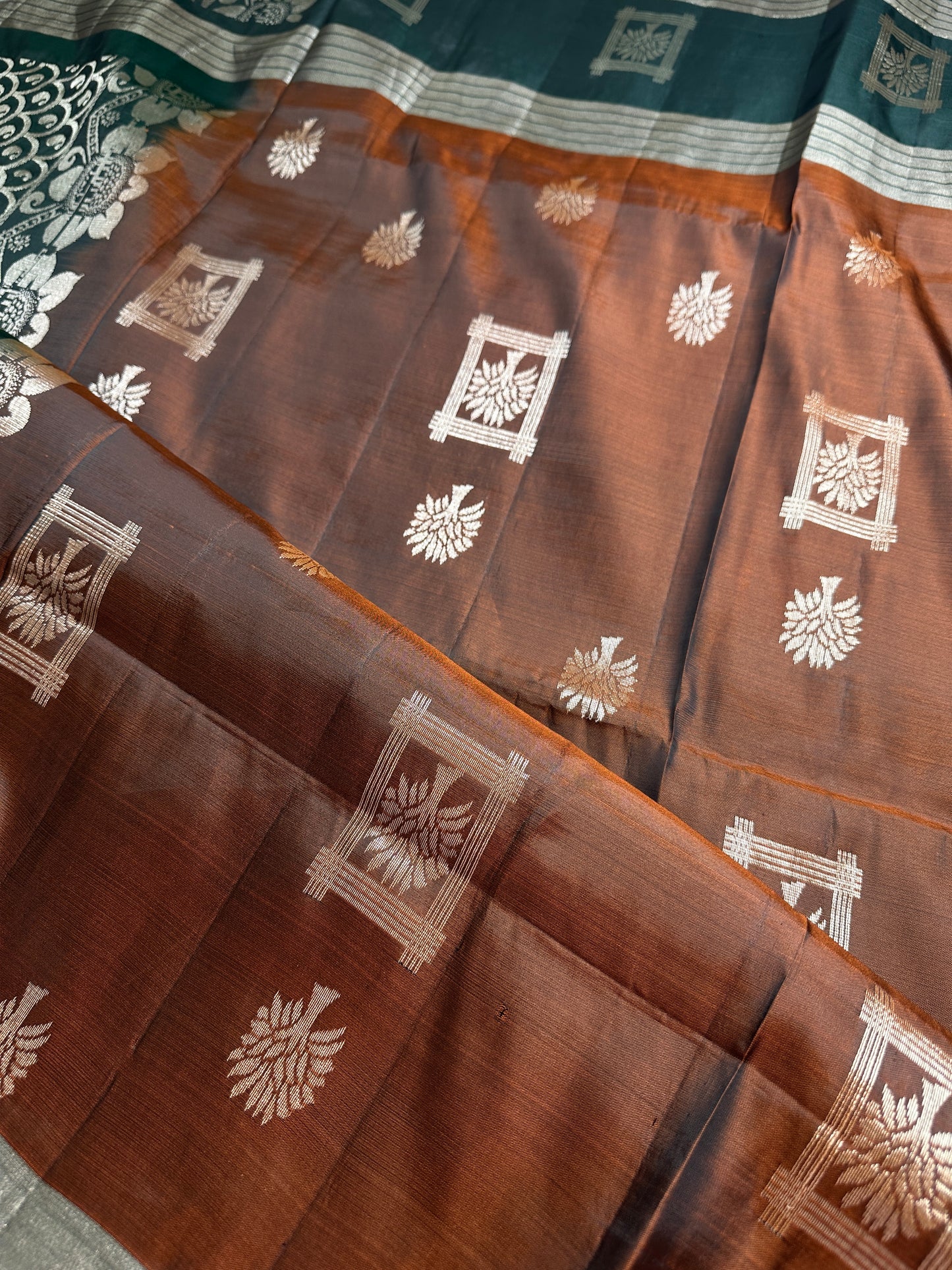 Brown Green Light Weight Kanchi Soft Silk  Saree - 