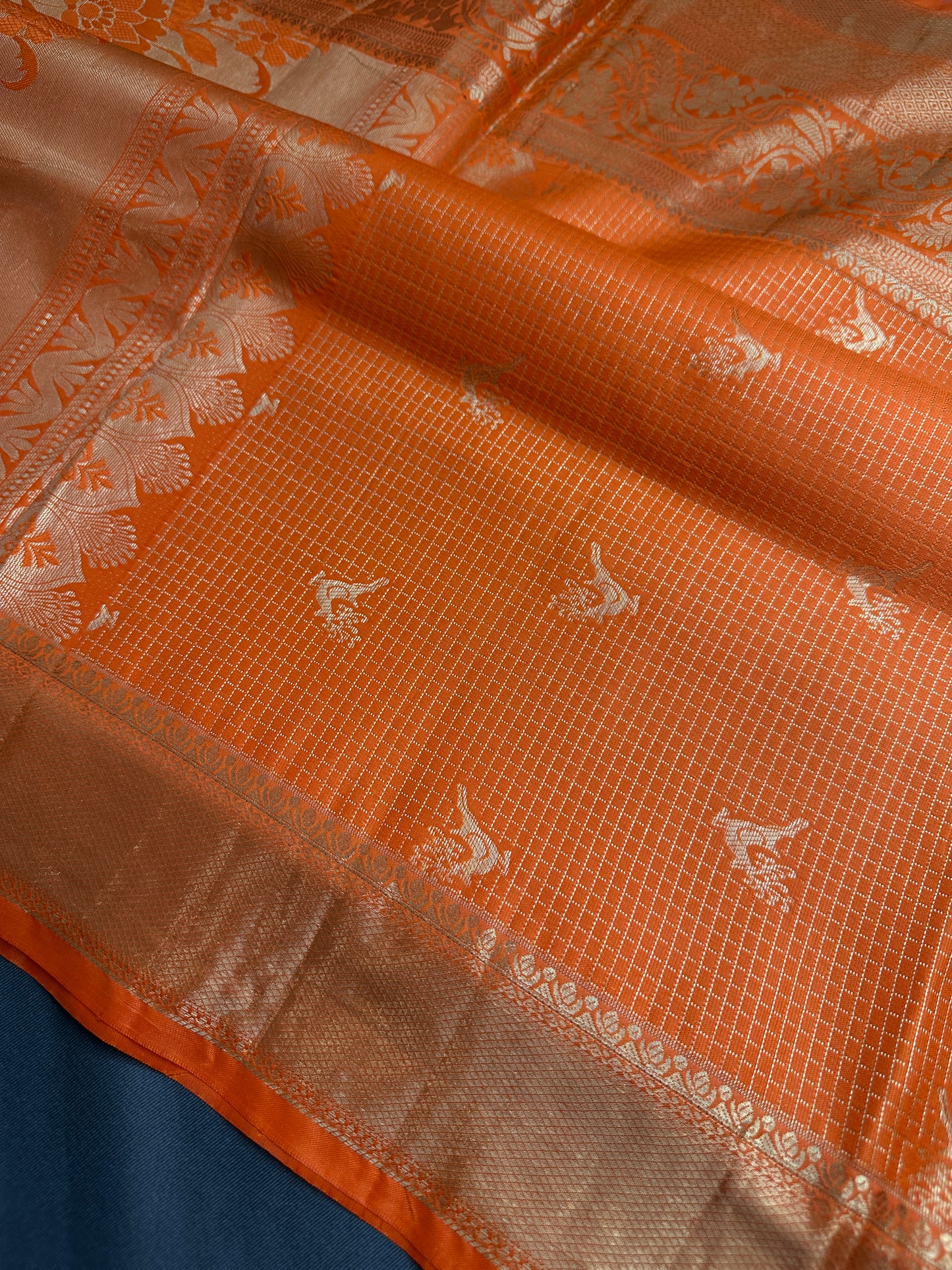 Kanch Light Weight Semi Silk Orange Checked Saree - 