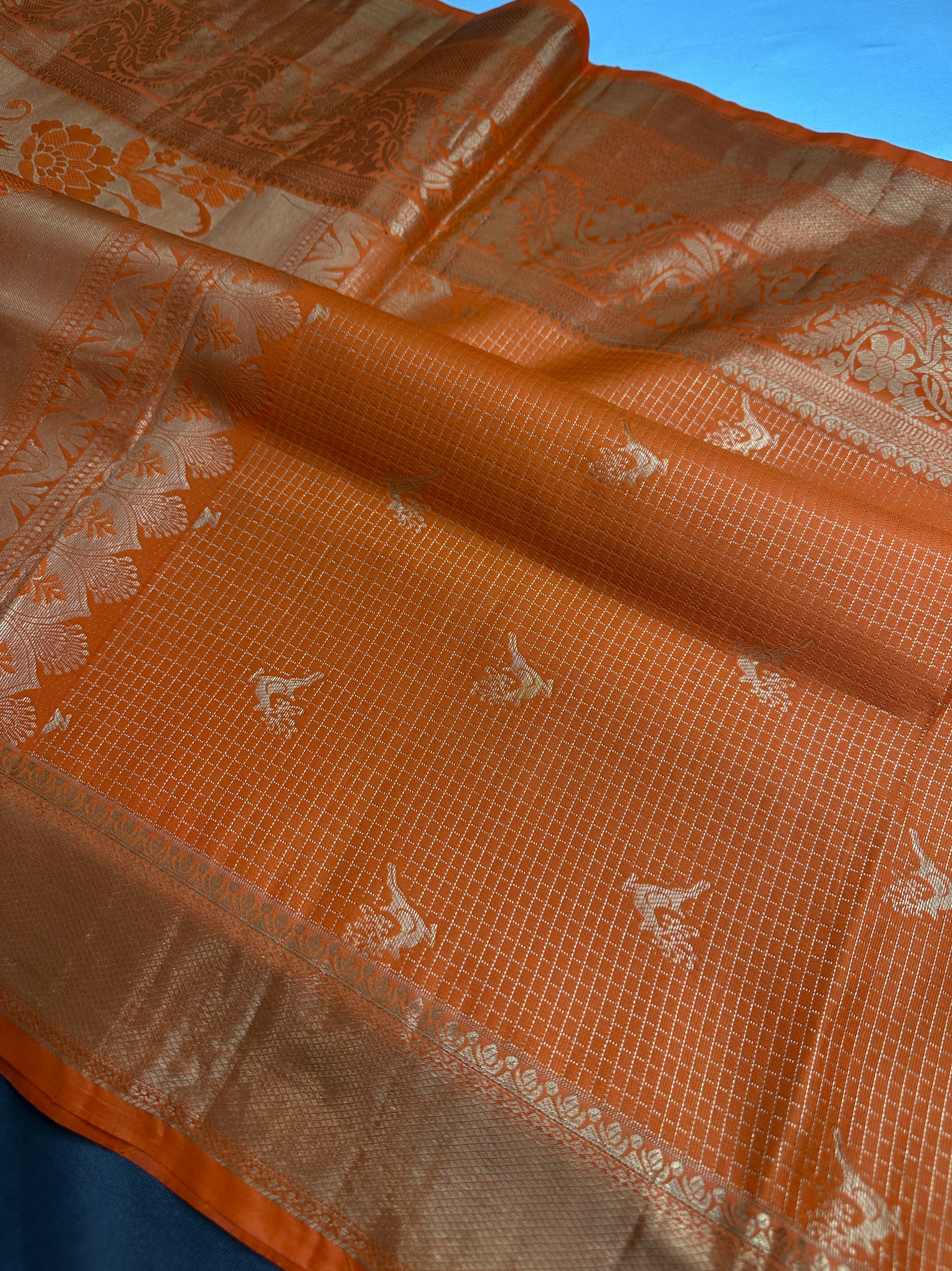 Kanch Light Weight Semi Silk Orange Checked Saree - 