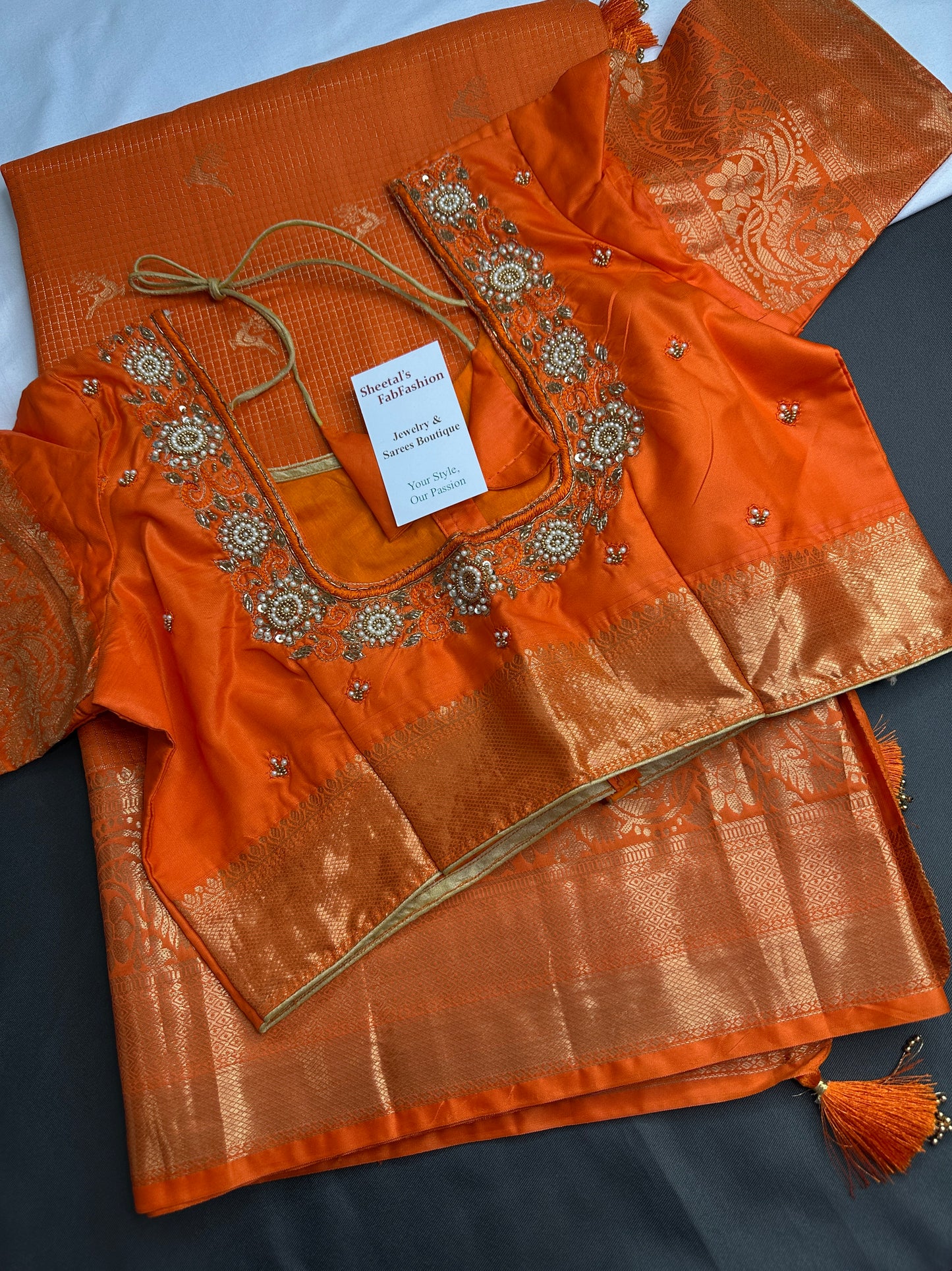 Kanch Light Weight Semi Silk Orange Checked Saree - 