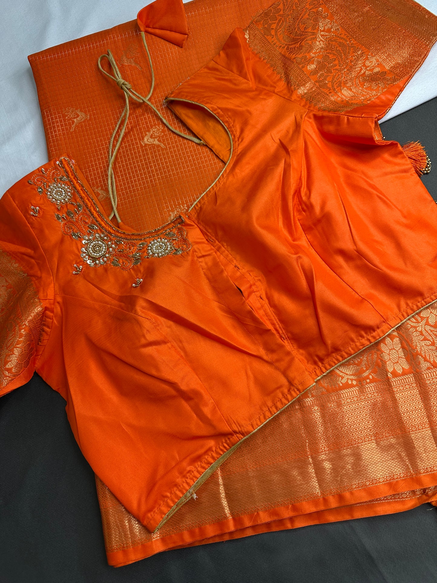 Kanch Light Weight Semi Silk Orange Checked Saree - 