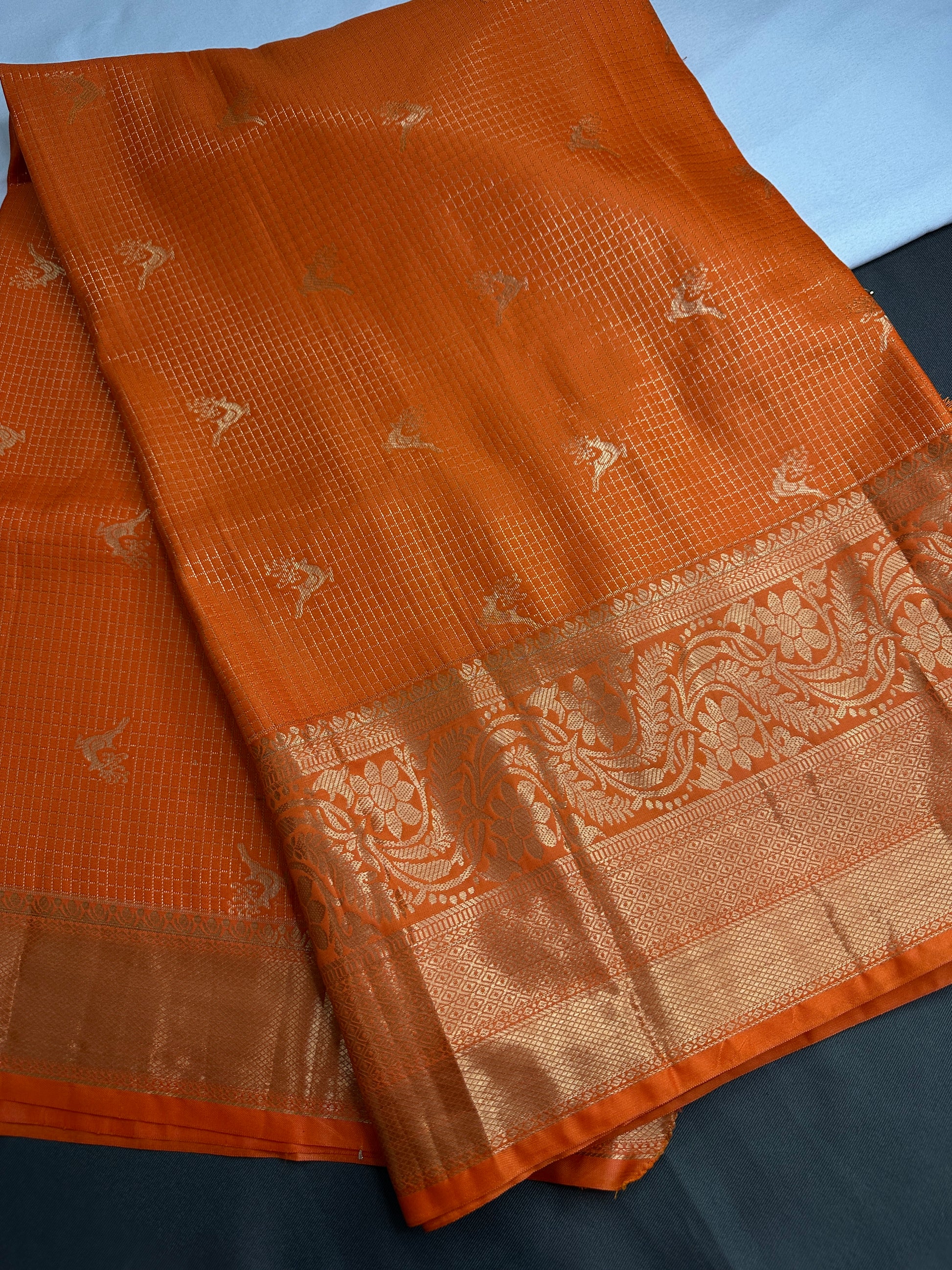 Kanch Light Weight Semi Silk Orange Checked Saree - 