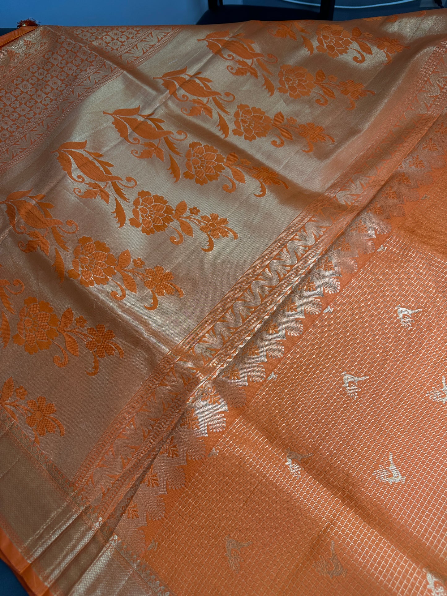 Kanch Light Weight Semi Silk Orange Checked Saree - 