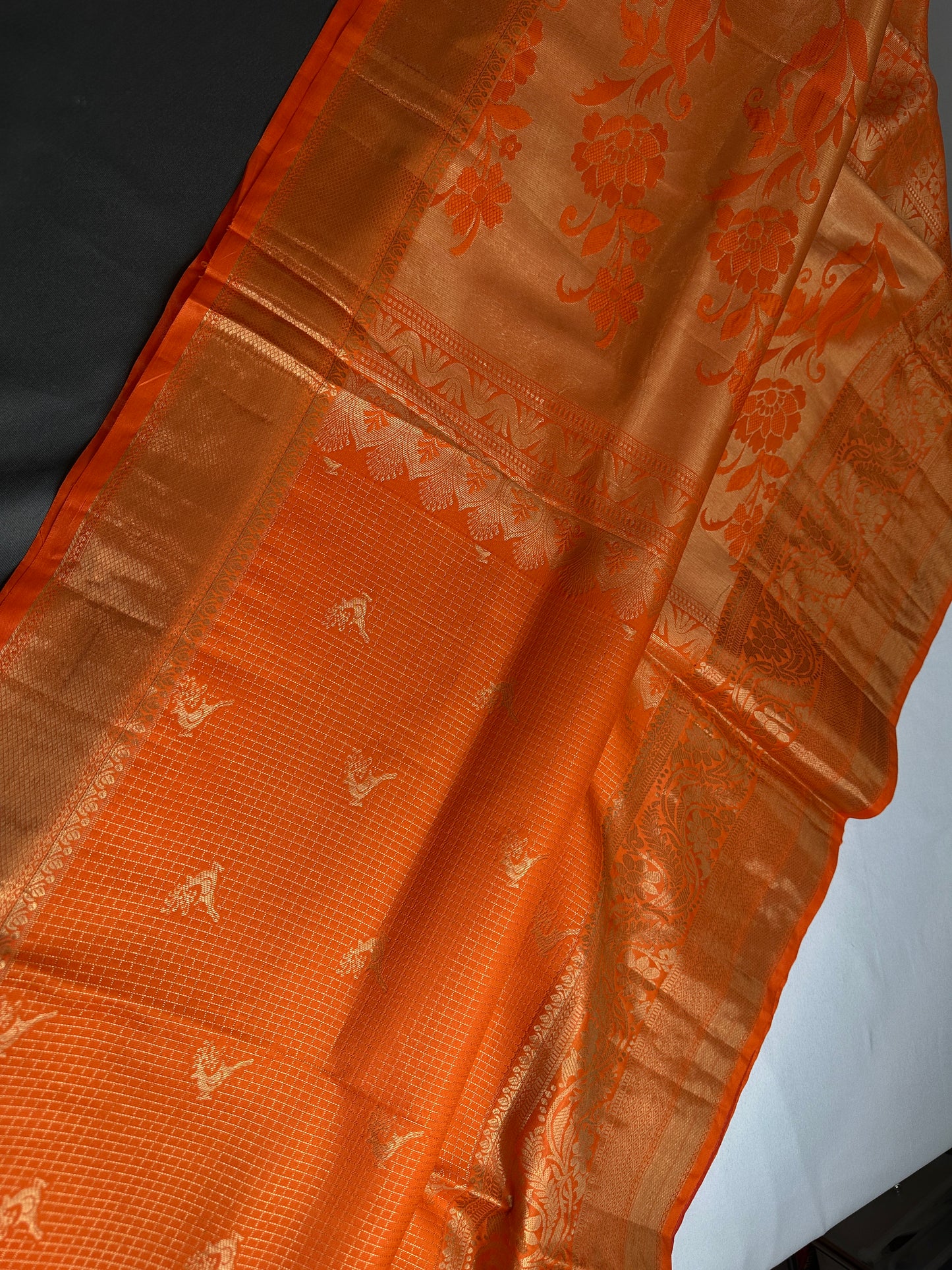 Kanch Light Weight Semi Silk Orange Checked Saree - 