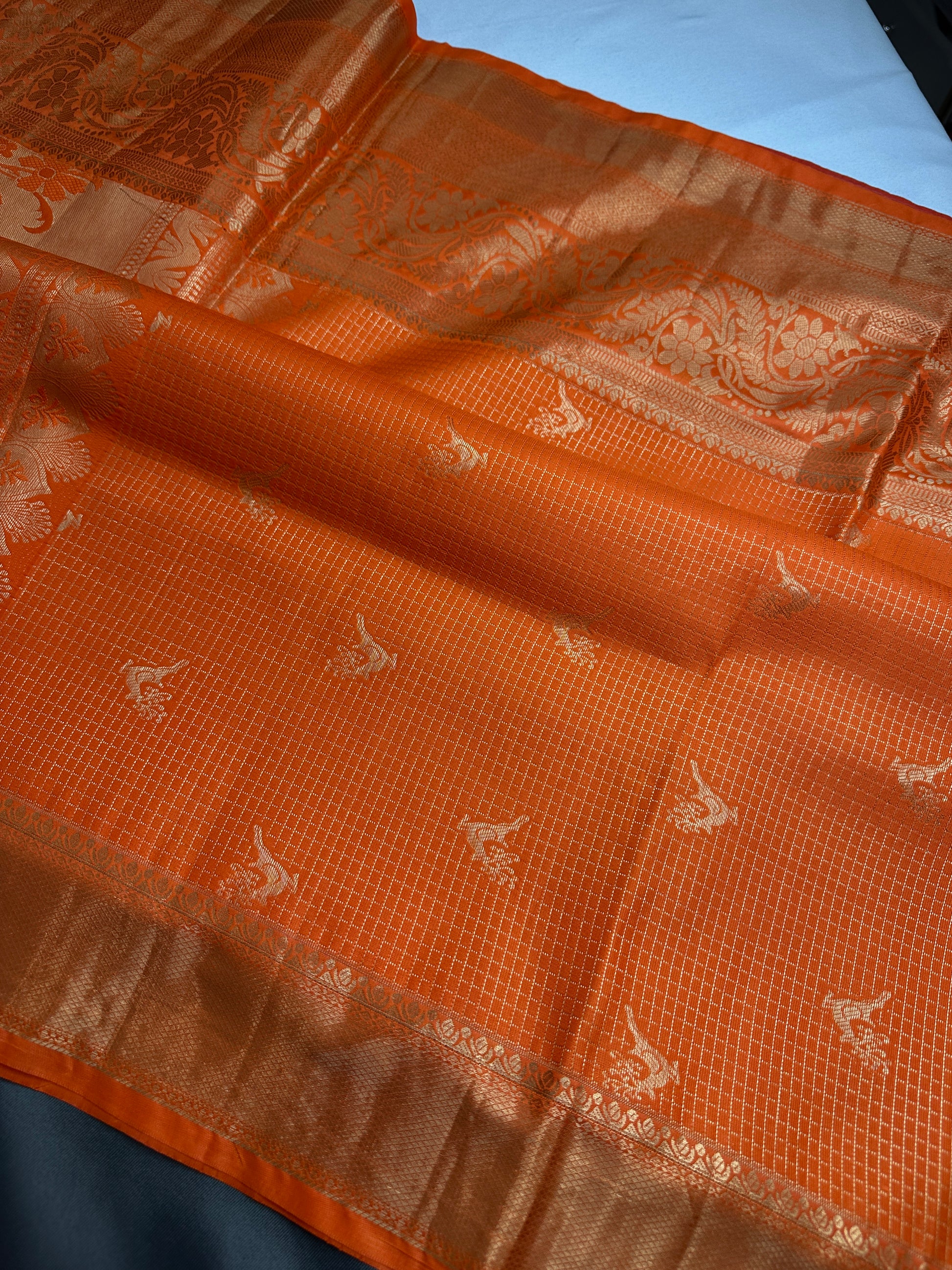 Kanch Light Weight Semi Silk Orange Checked Saree - 