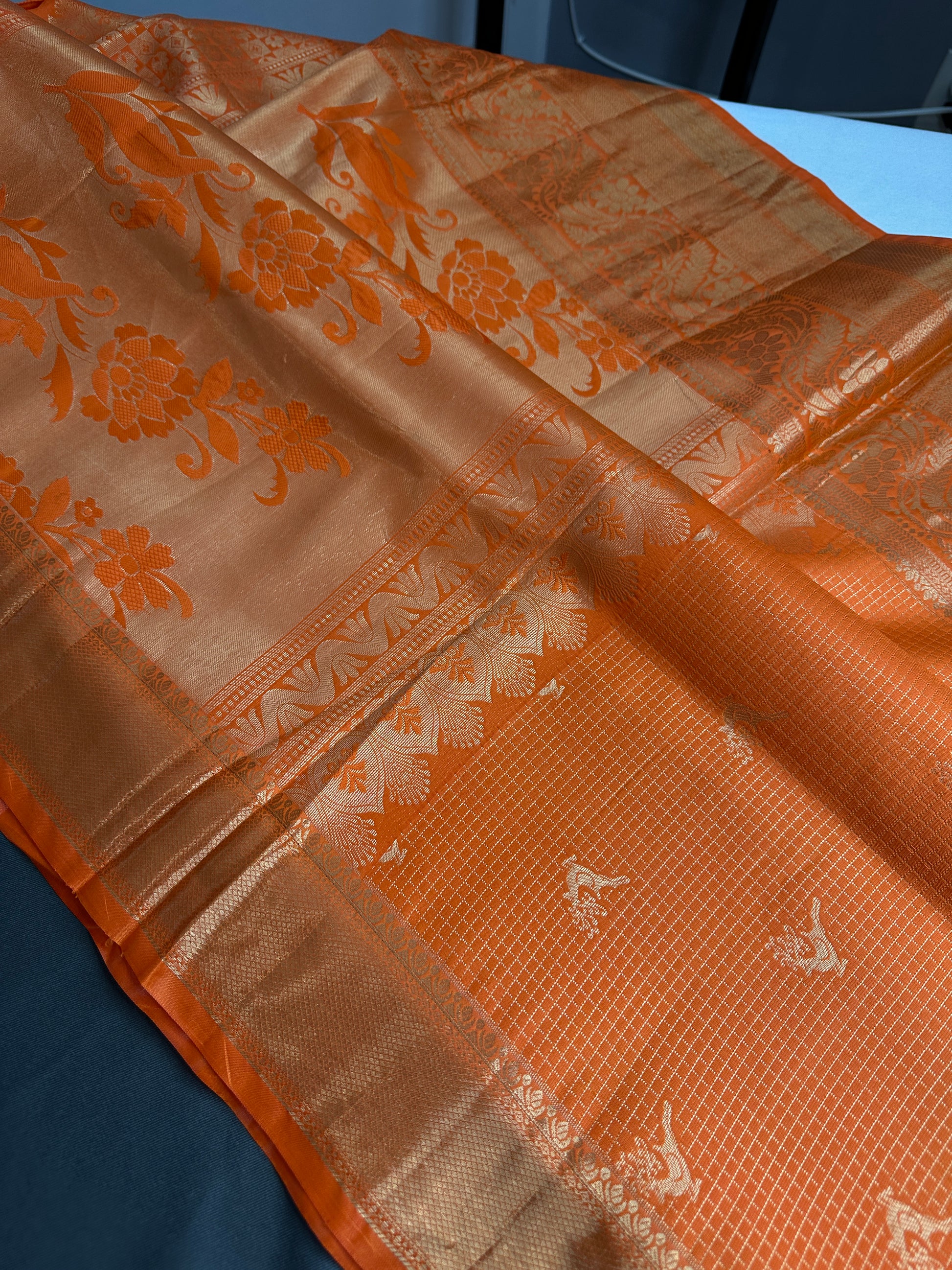 Kanch Light Weight Semi Silk Orange Checked Saree - 