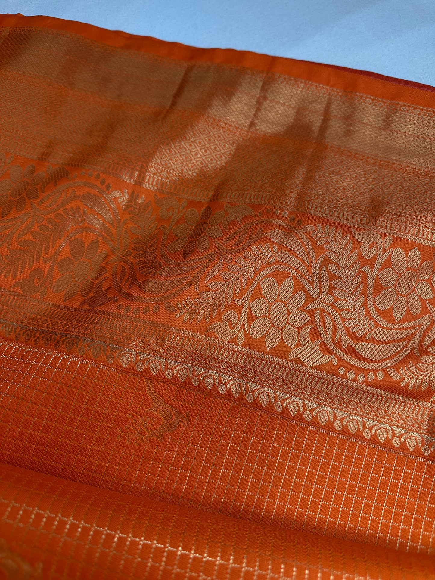 Kanch Light Weight Semi Silk Orange Checked Saree - 
