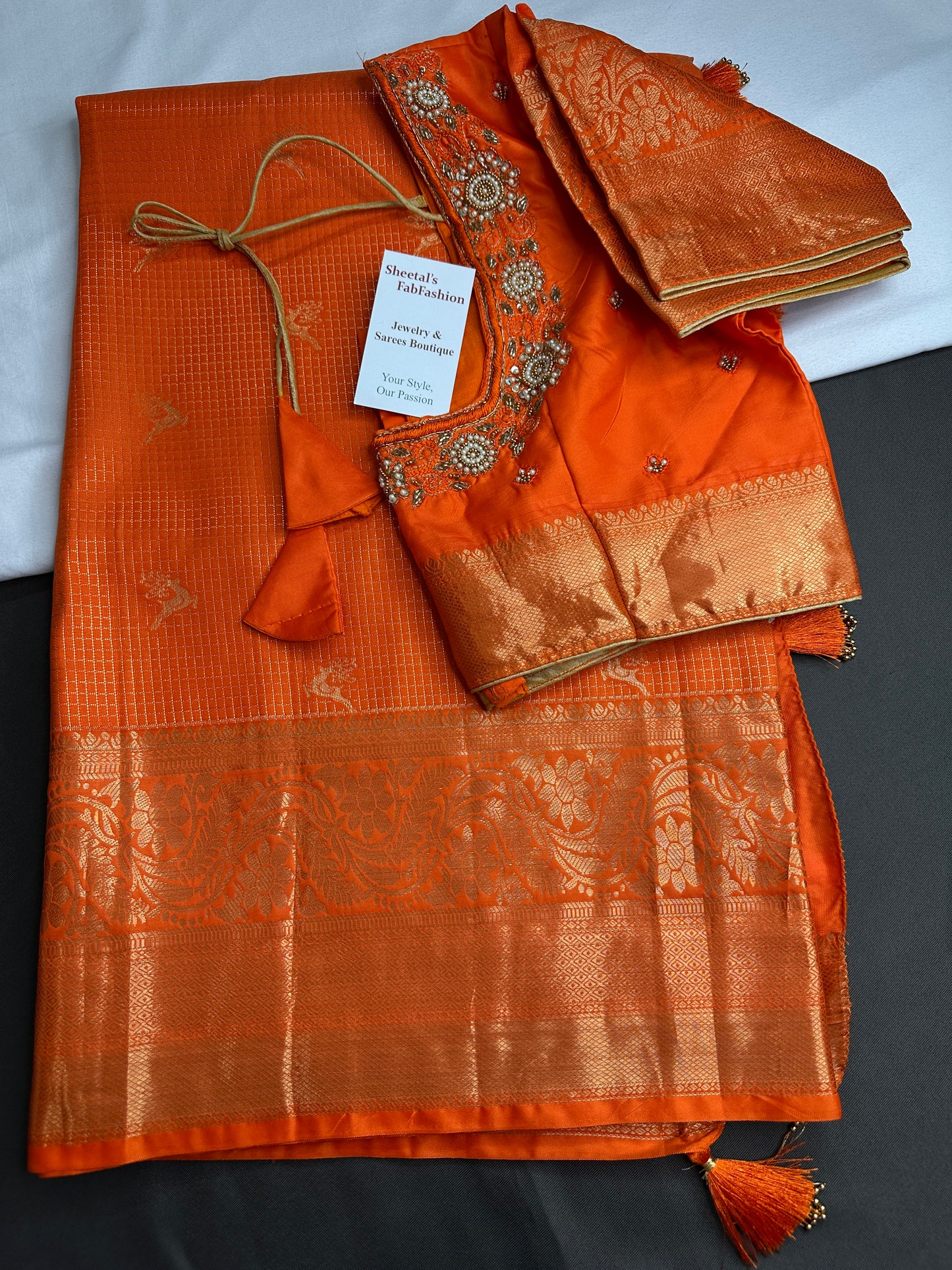 Kanch Light Weight Semi Silk Orange Checked Saree - 