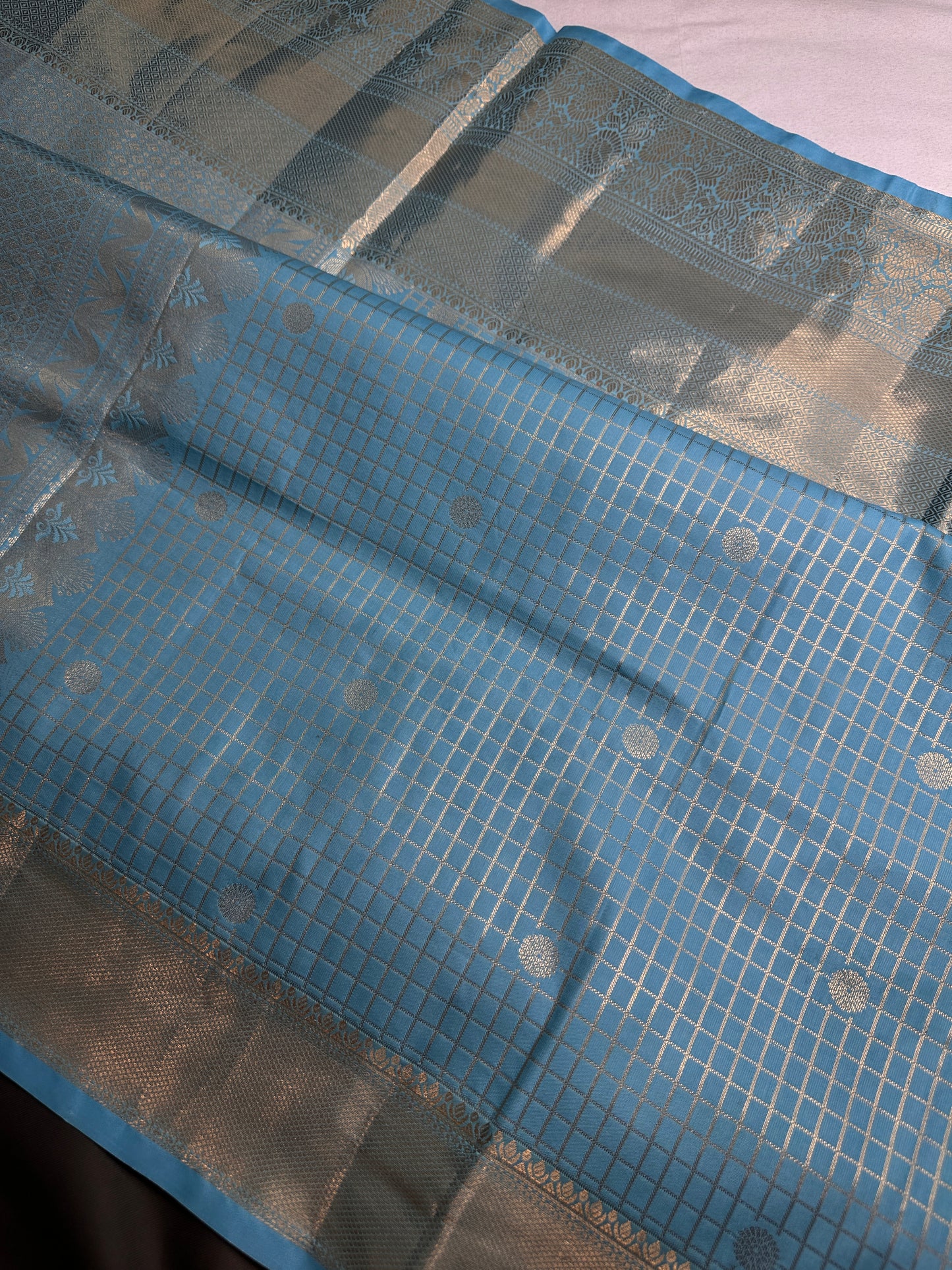 Kanch Light Weight Semi Silk Blue Checked Saree - 