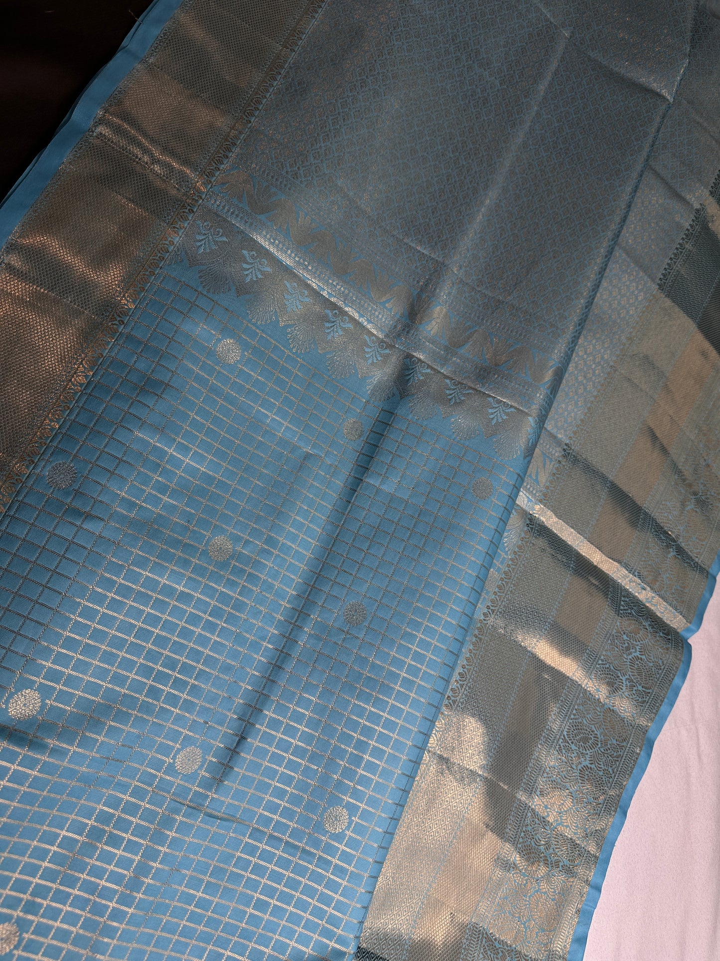 Kanch Light Weight Semi Silk Blue Checked Saree - 