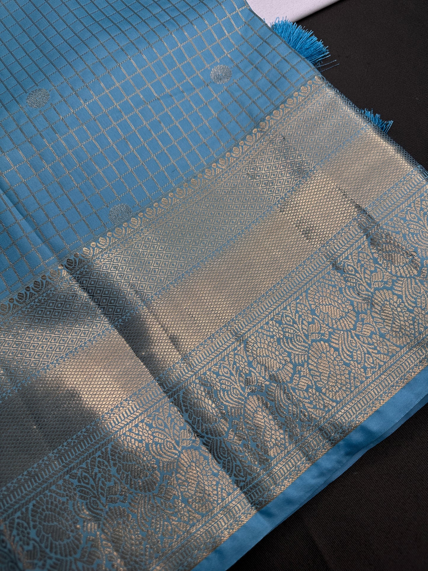 Kanch Light Weight Semi Silk Blue Checked Saree - 