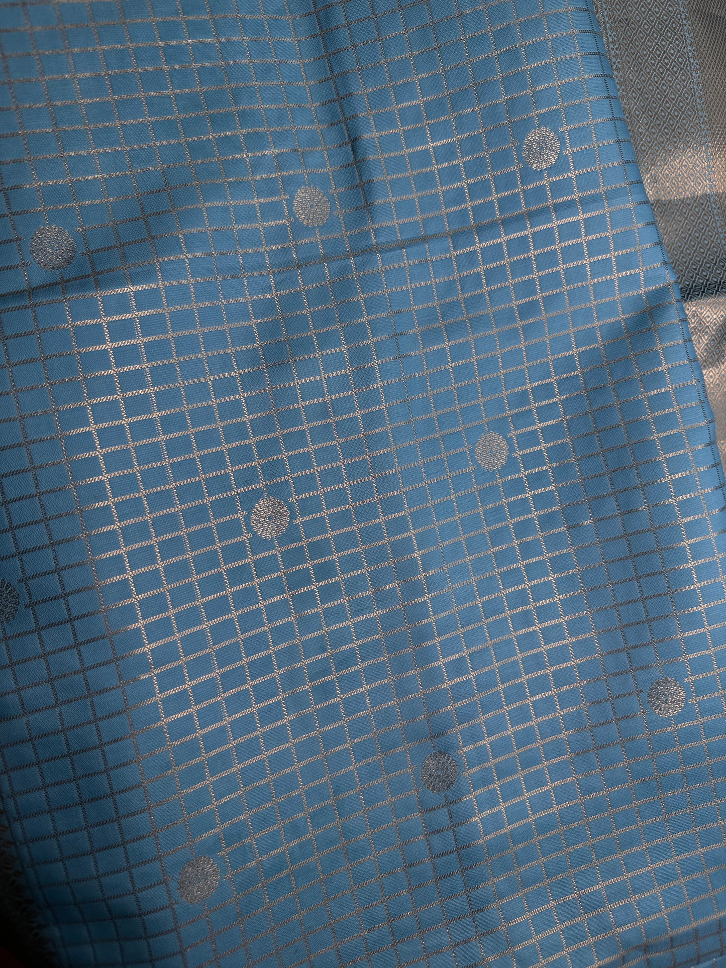 Kanch Light Weight Semi Silk Blue Checked Saree - 
