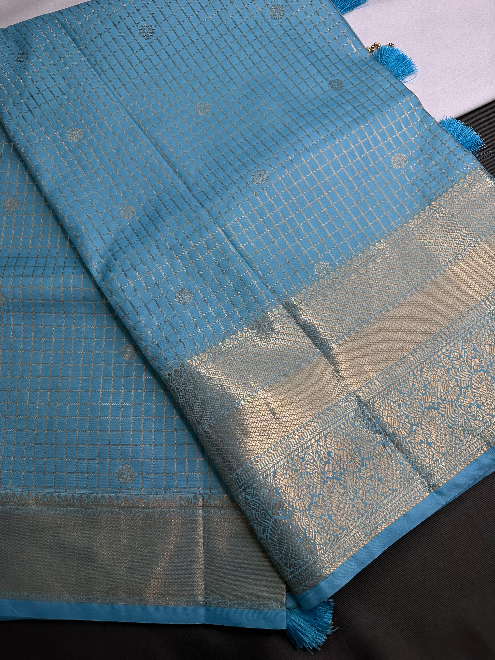 Kanch Light Weight Semi Silk Blue Checked Saree - 