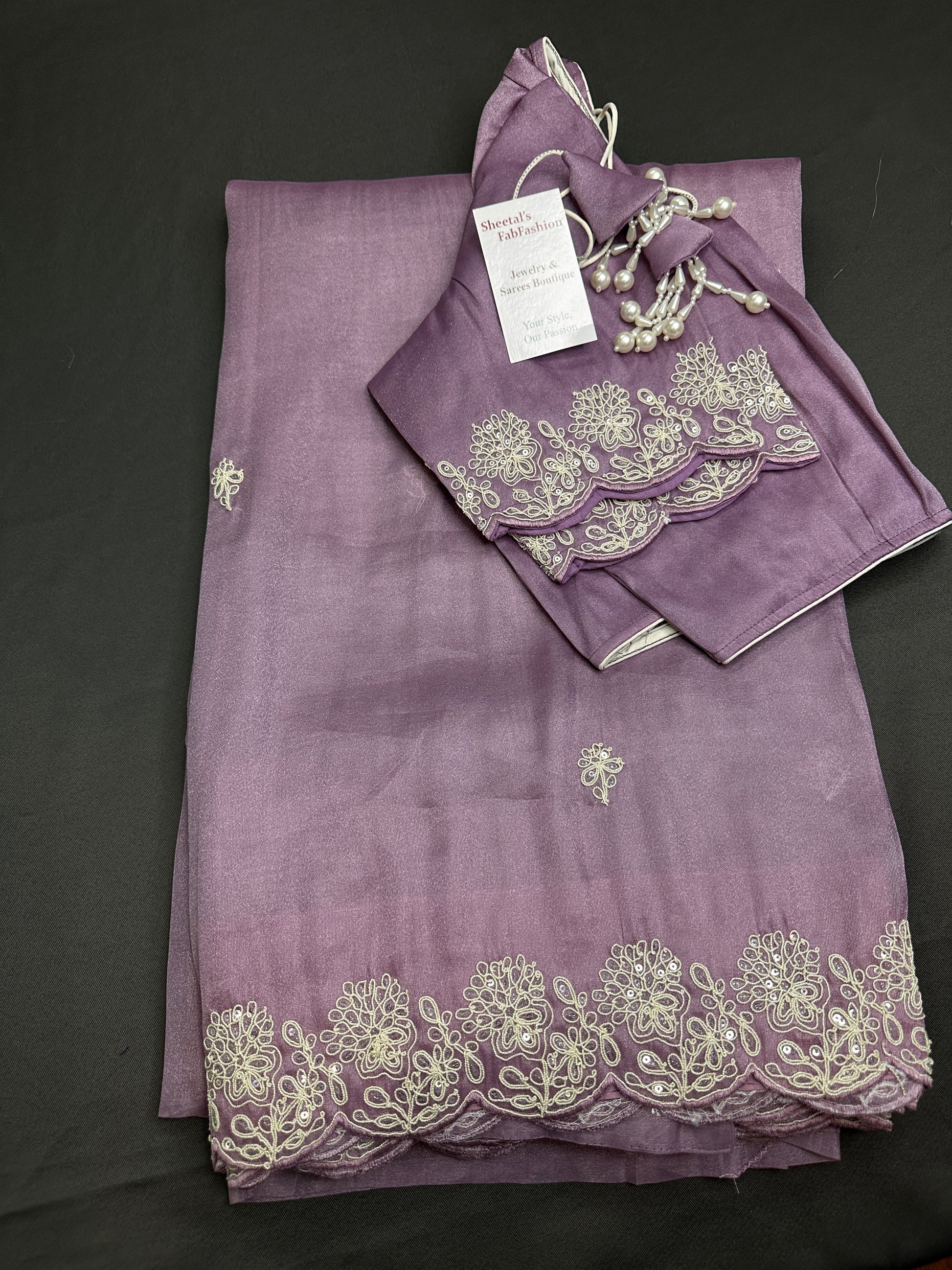Designer Tissue Organza Purple Lavender Saree with Pearl Embroidery - 