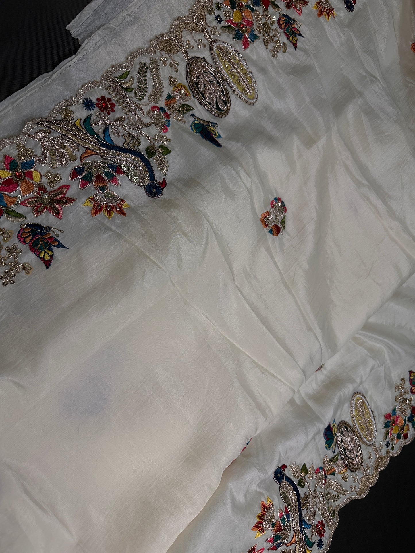 Designer Crepe Organza White Red Saree with Pearl Hand Embroidery - 