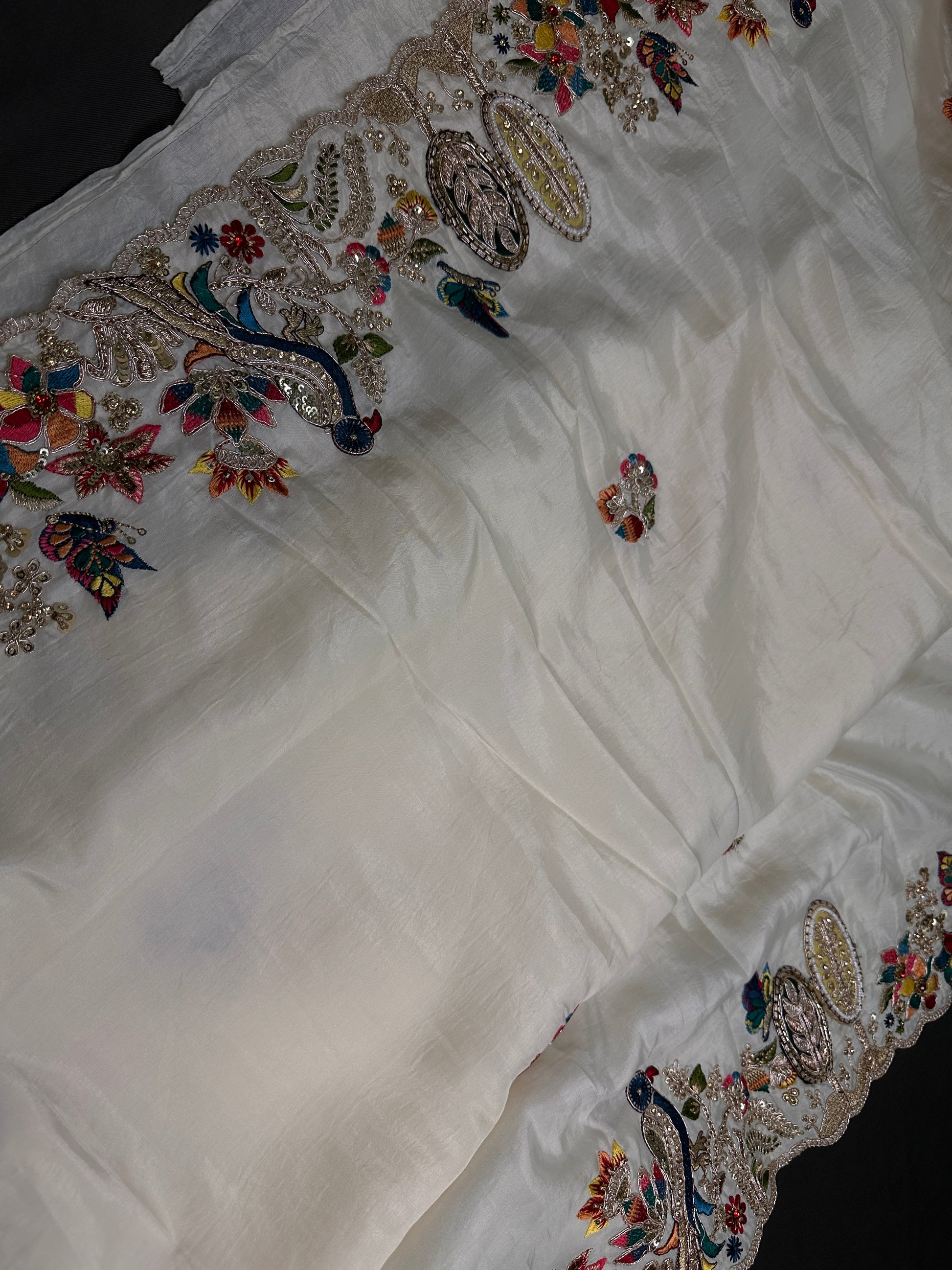 Designer Crepe Organza White Red Saree with Pearl Hand Embroidery - 