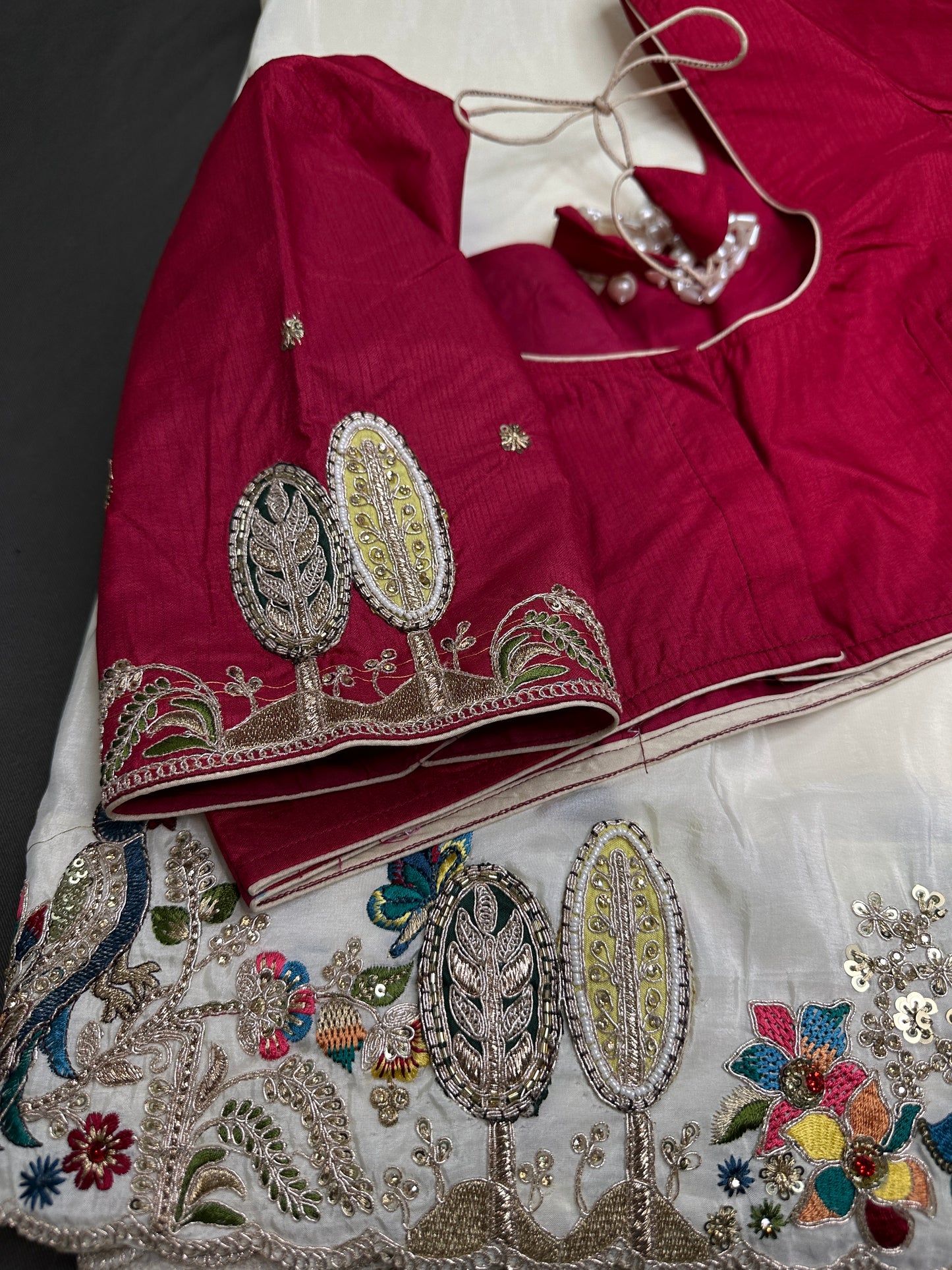 Designer Crepe Organza White Red Saree with Pearl Hand Embroidery - 