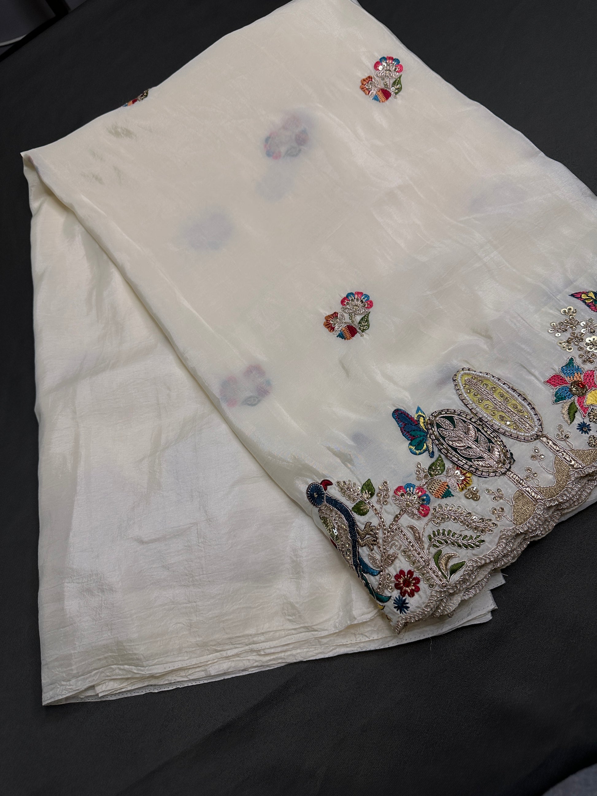 Designer Crepe Organza White Red Saree with Pearl Hand Embroidery - 