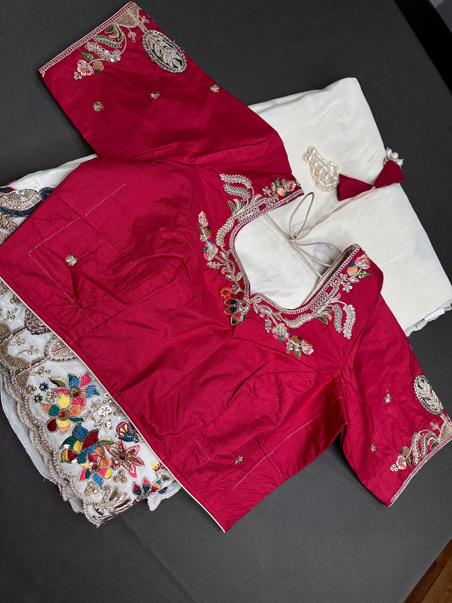 Designer Crepe Organza White Red Saree with Pearl Hand Embroidery - 