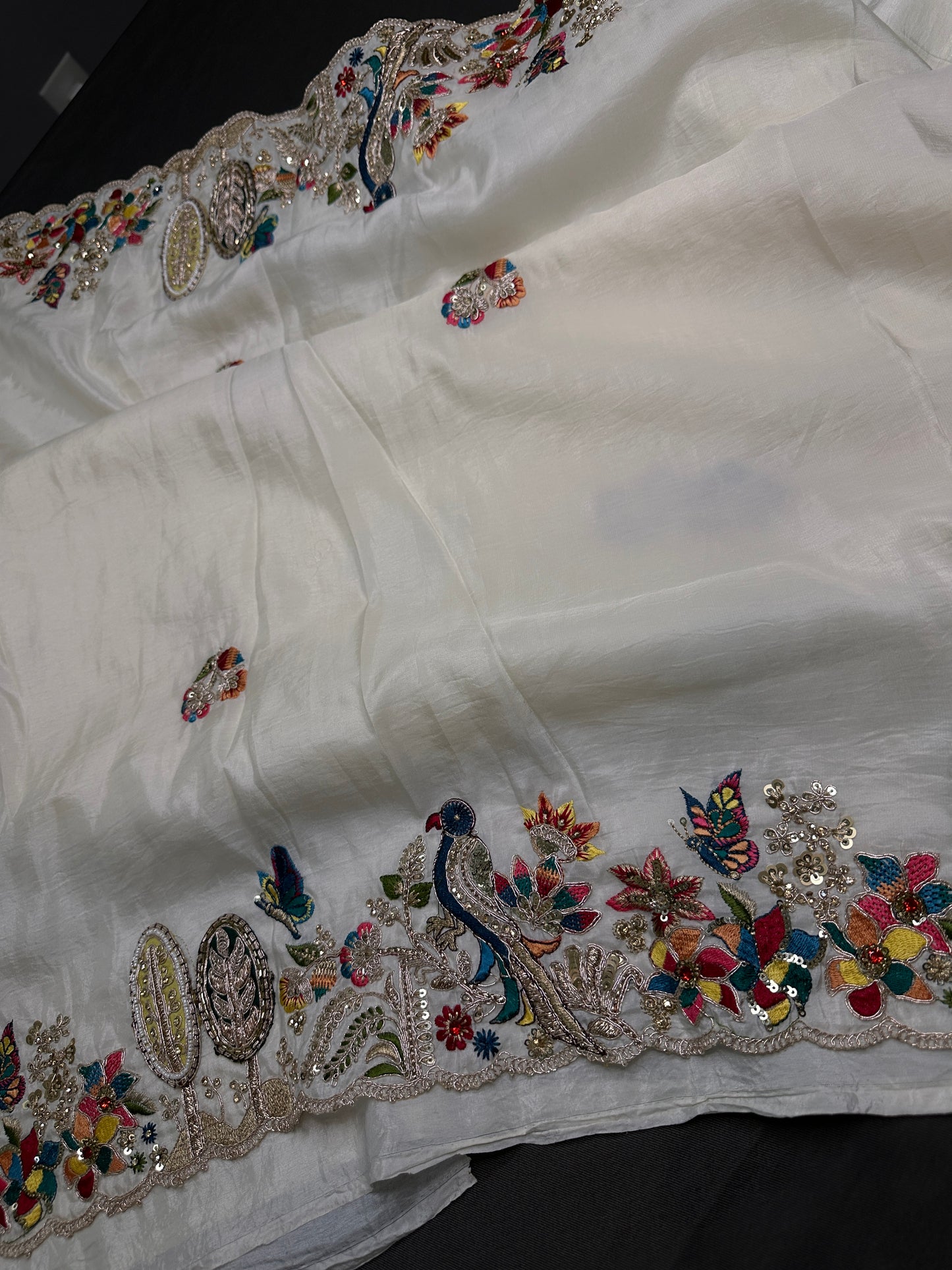 Designer Crepe Organza White Red Saree with Pearl Hand Embroidery - 