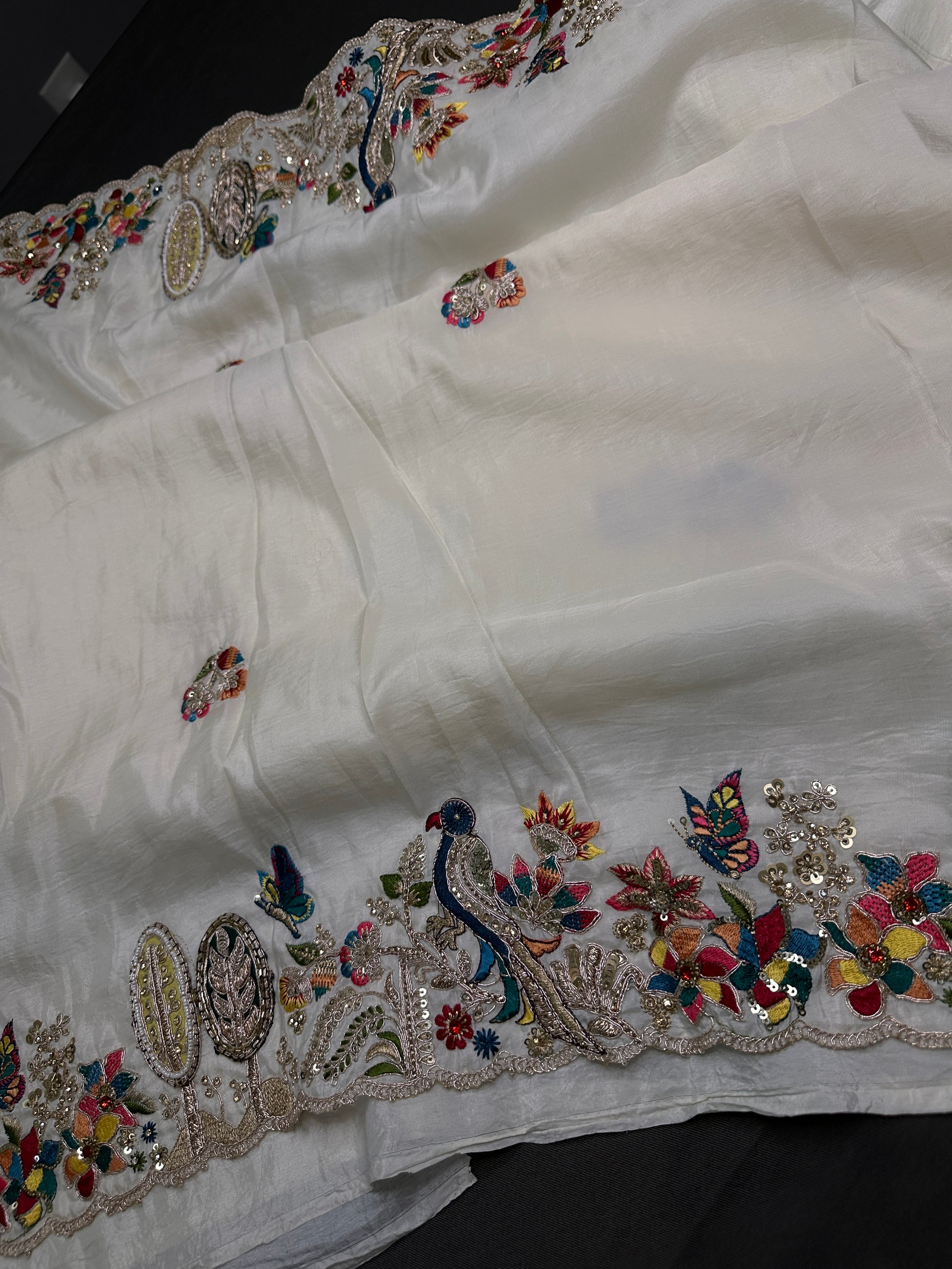 Designer Crepe Organza White Red Saree with Pearl Hand Embroidery - 