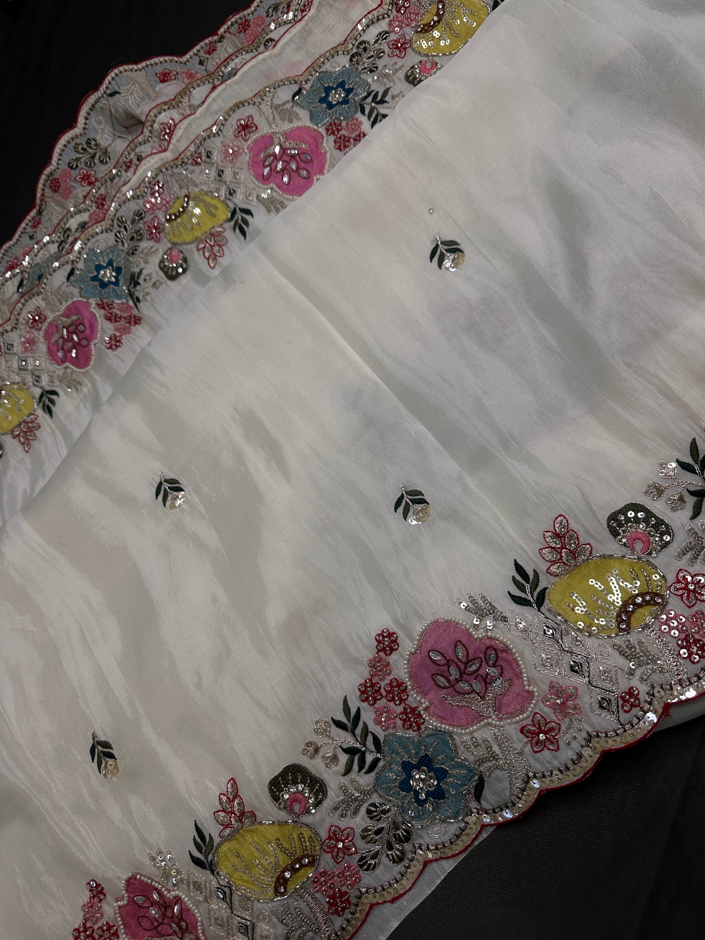 Designer Tissue Organza White Saree with Pearl Embroidery - 