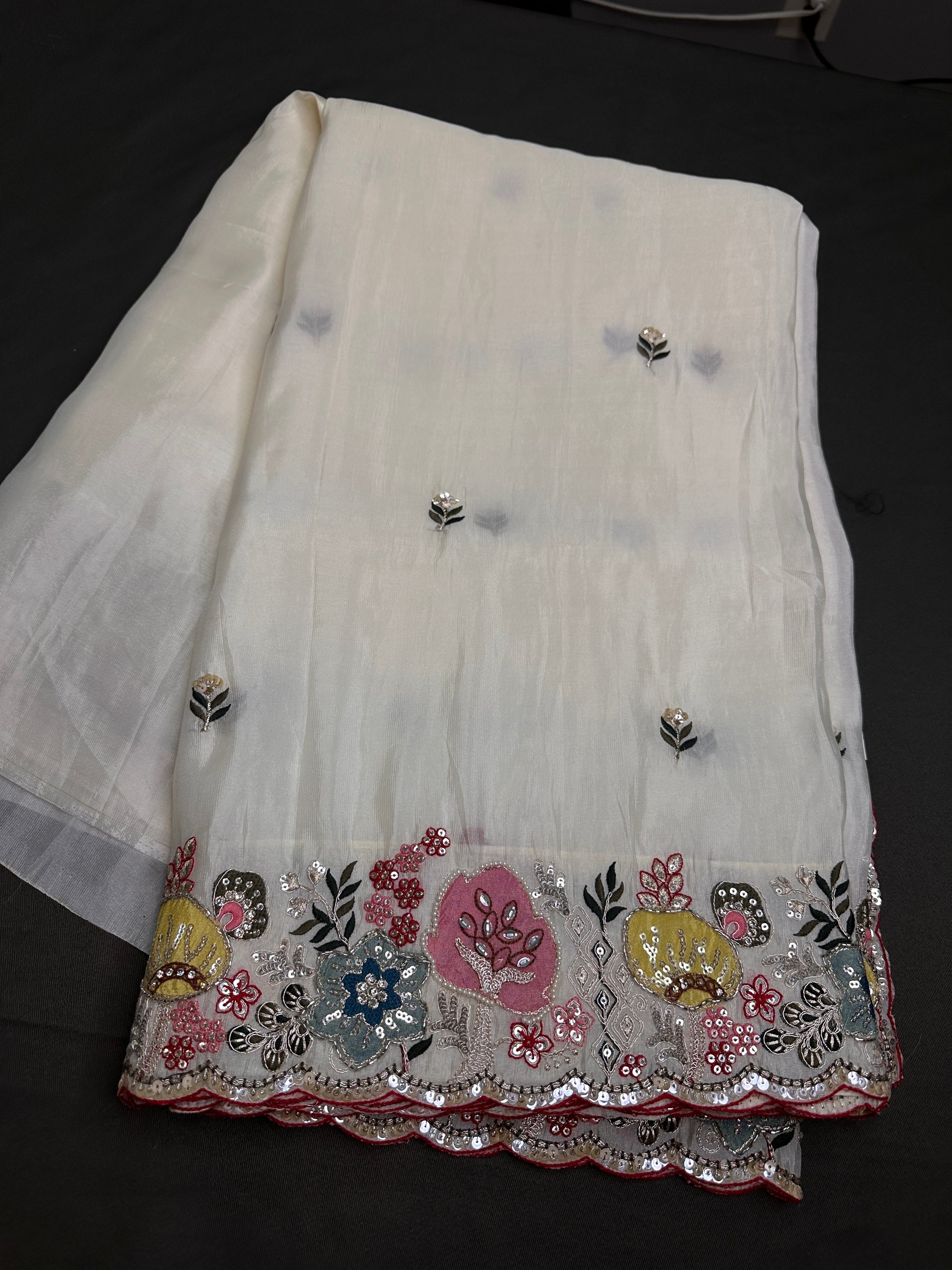 Designer Tissue Organza White Saree with Pearl Embroidery - 